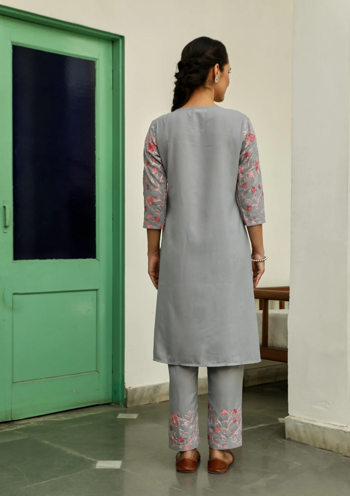 HOC Aari Embroidered Cotton Solid Women's 2PC Long Kurta Set - Grey - Healthber