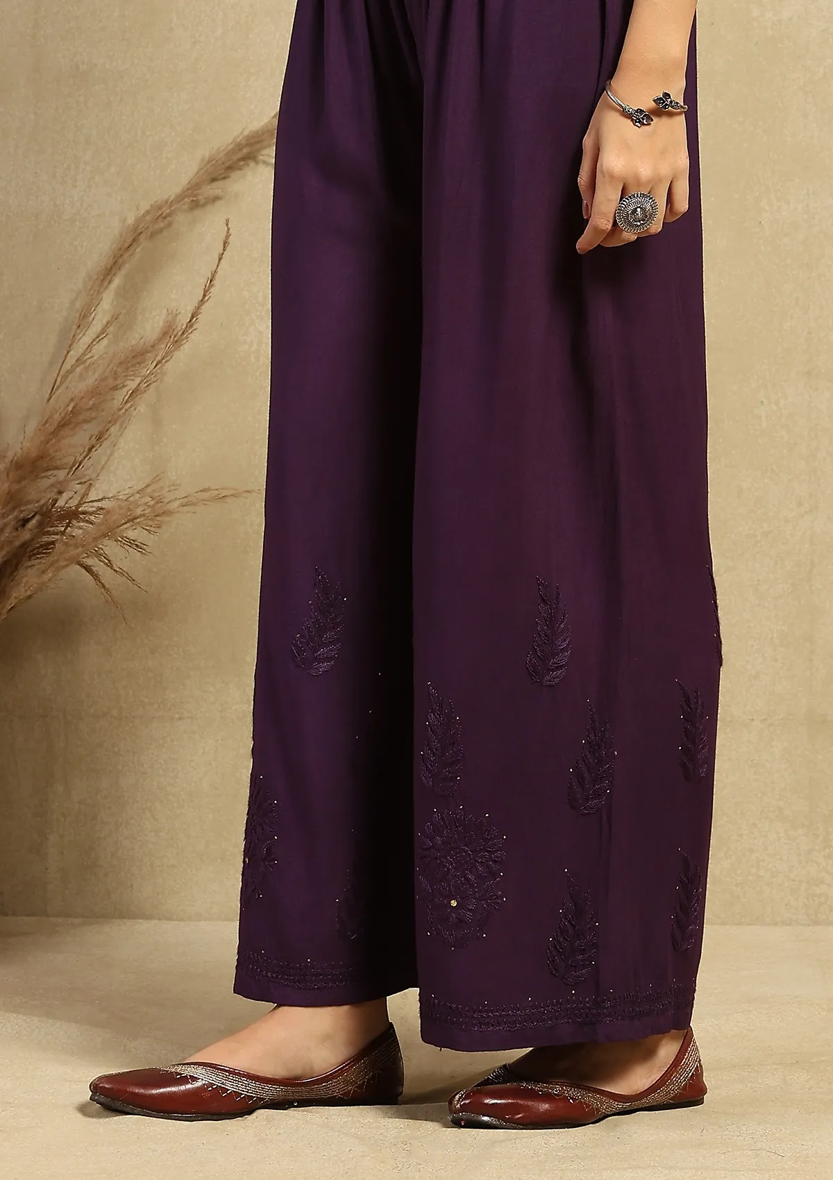 HOC Rayon Chikankari Mukaish Solid Women's 2PC Long Kurta Set -Dark Purple - Healthber
