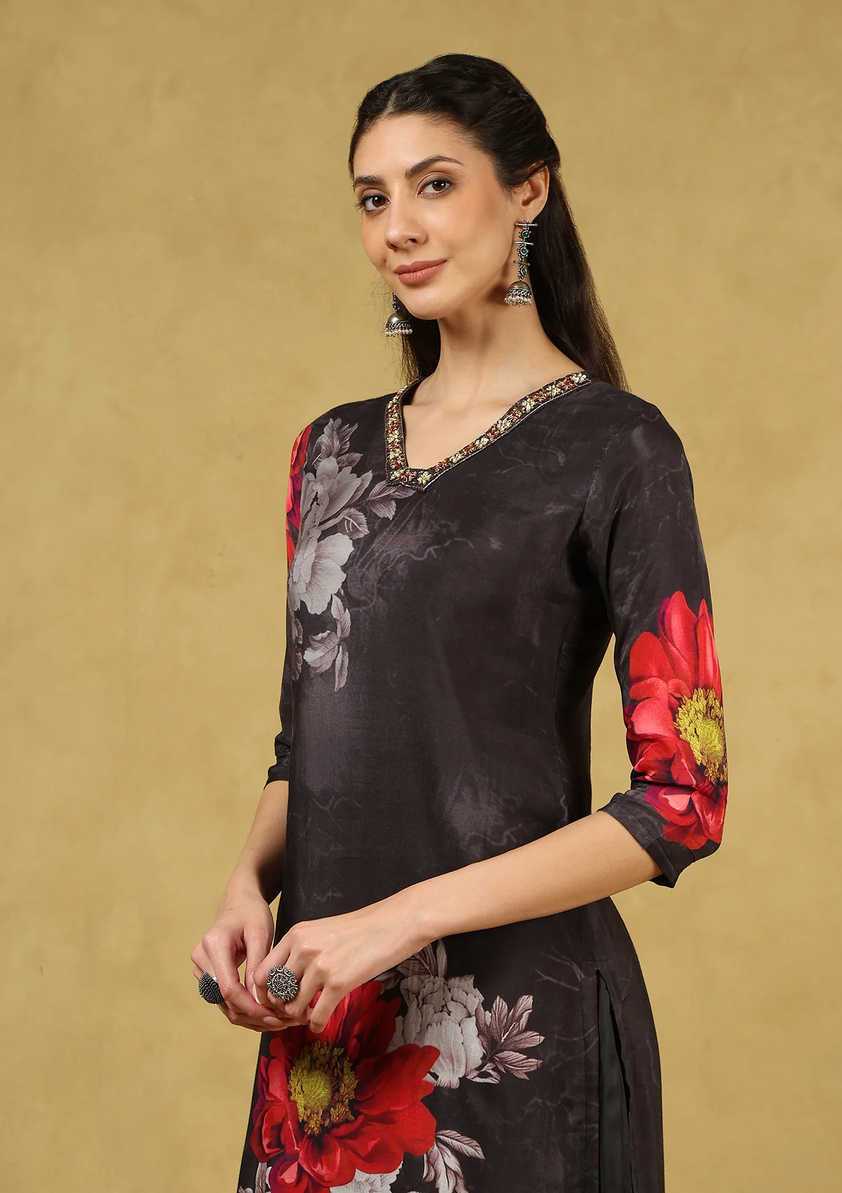 HOC Hand Embellished Muslin Printed Women's 3 PC Long Kurta Set with Dupatta - Black - Healthber