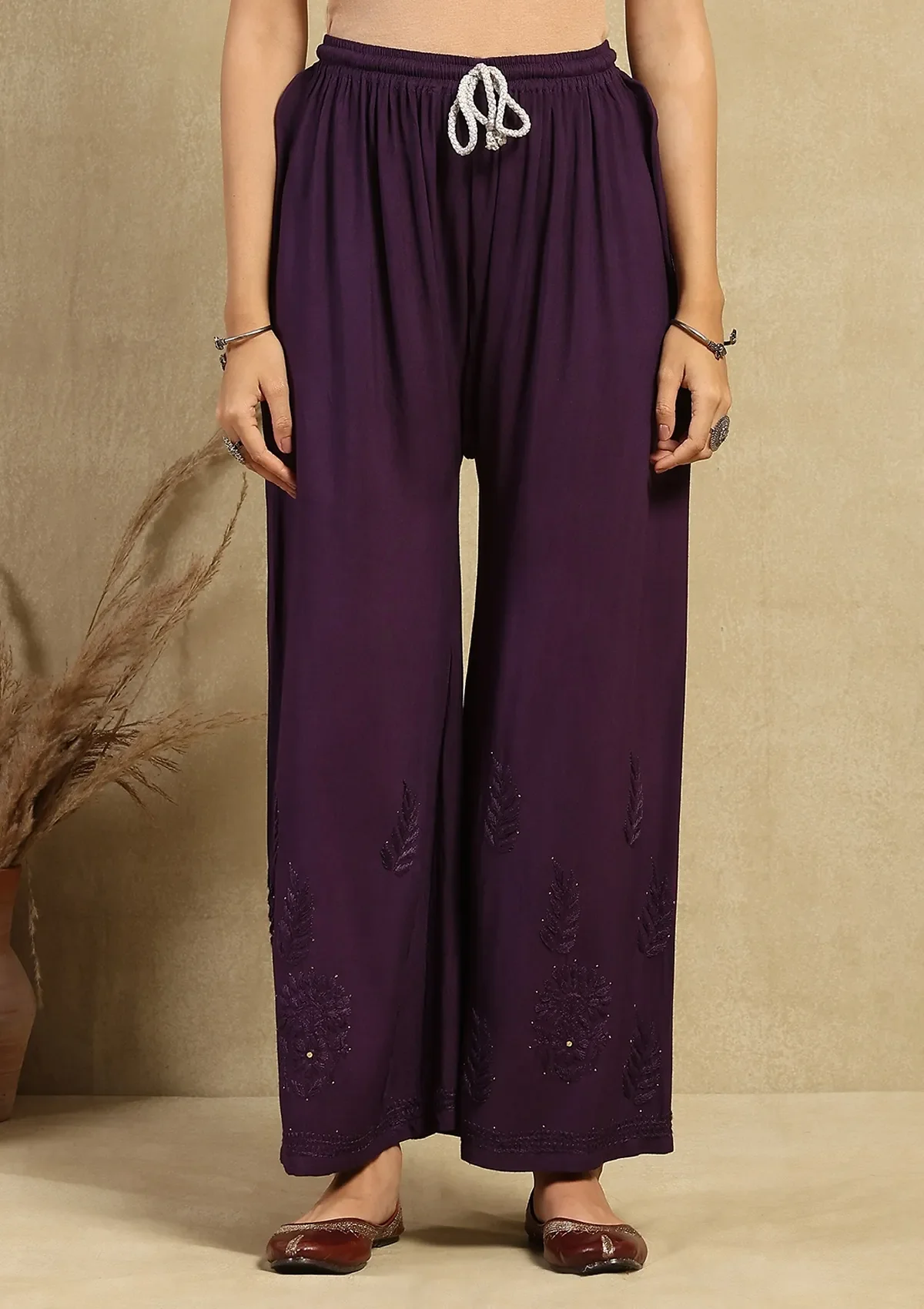 HOC Rayon Chikankari Mukaish Solid Women's 2PC Long Kurta Set -Dark Purple - Healthber