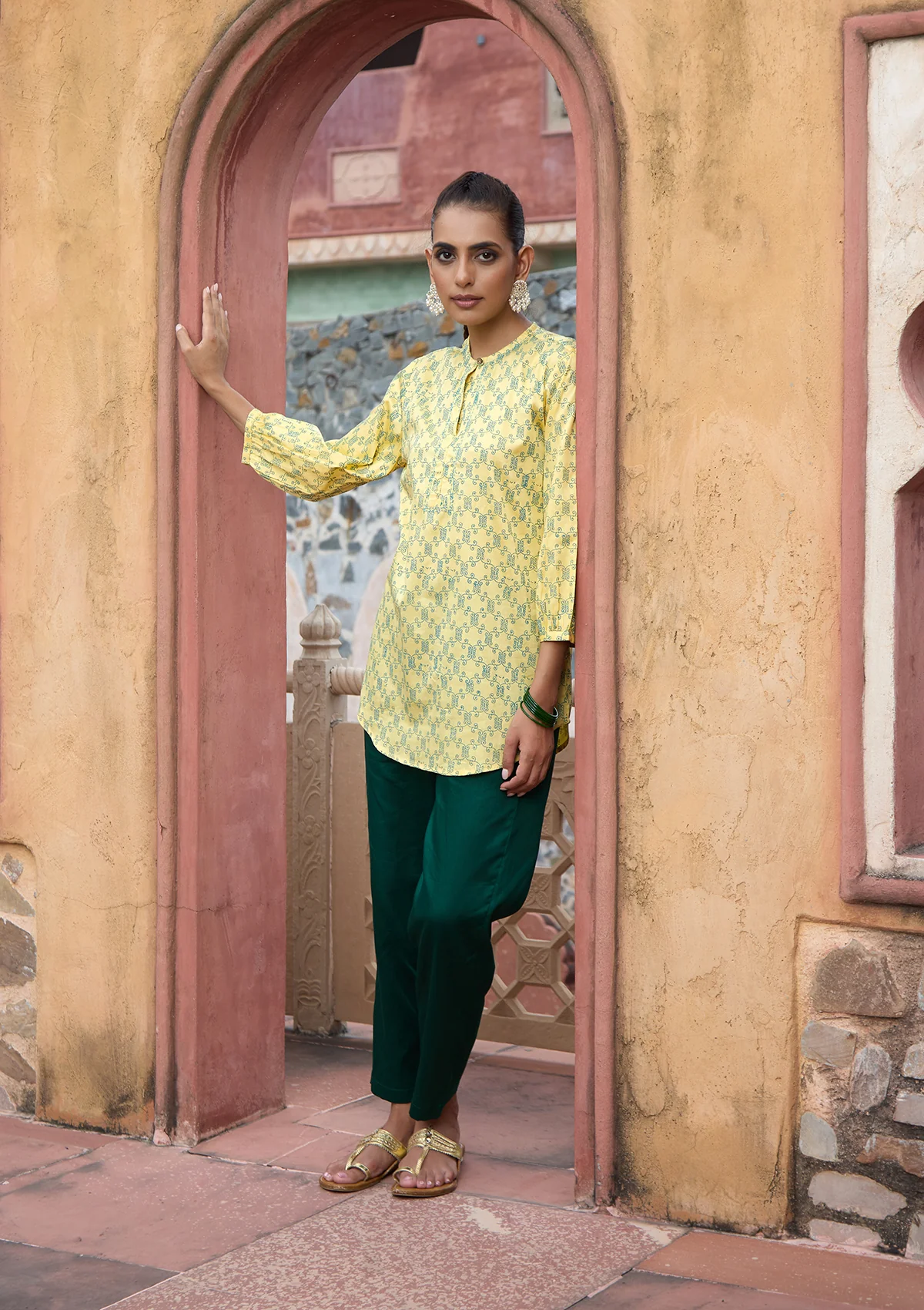 HOC Glazed Cotton Hand Block Printed Women's Short Kurta - Yellow - Healthber
