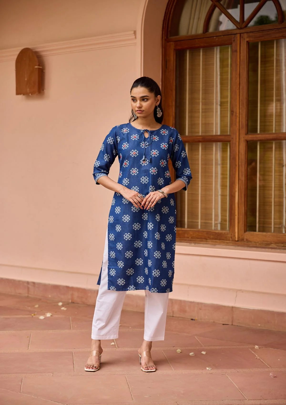 HOC Mirror Work Denim Printed Women's Straight Kurta - Blue - Healthber