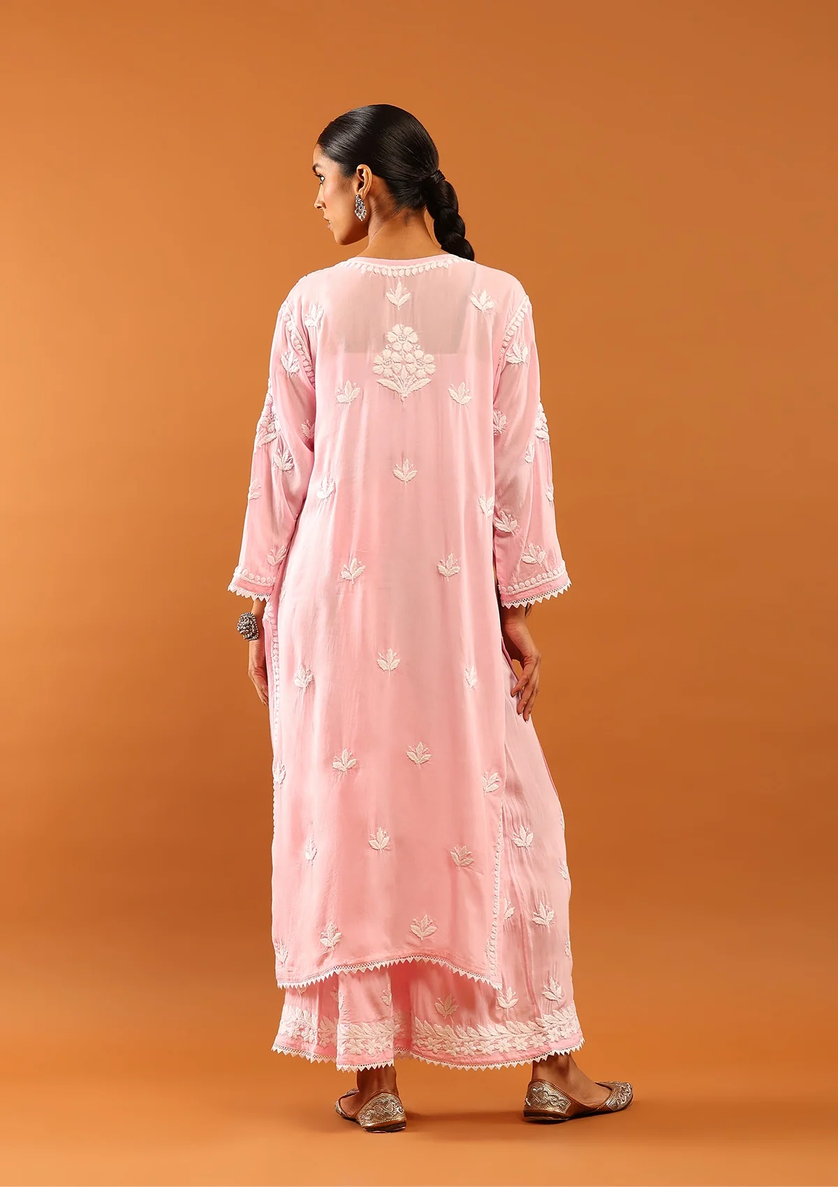HOC Modal Chikankari Solid Women's 2 PC Long Kurta Set With Lace -Pink - Healthber