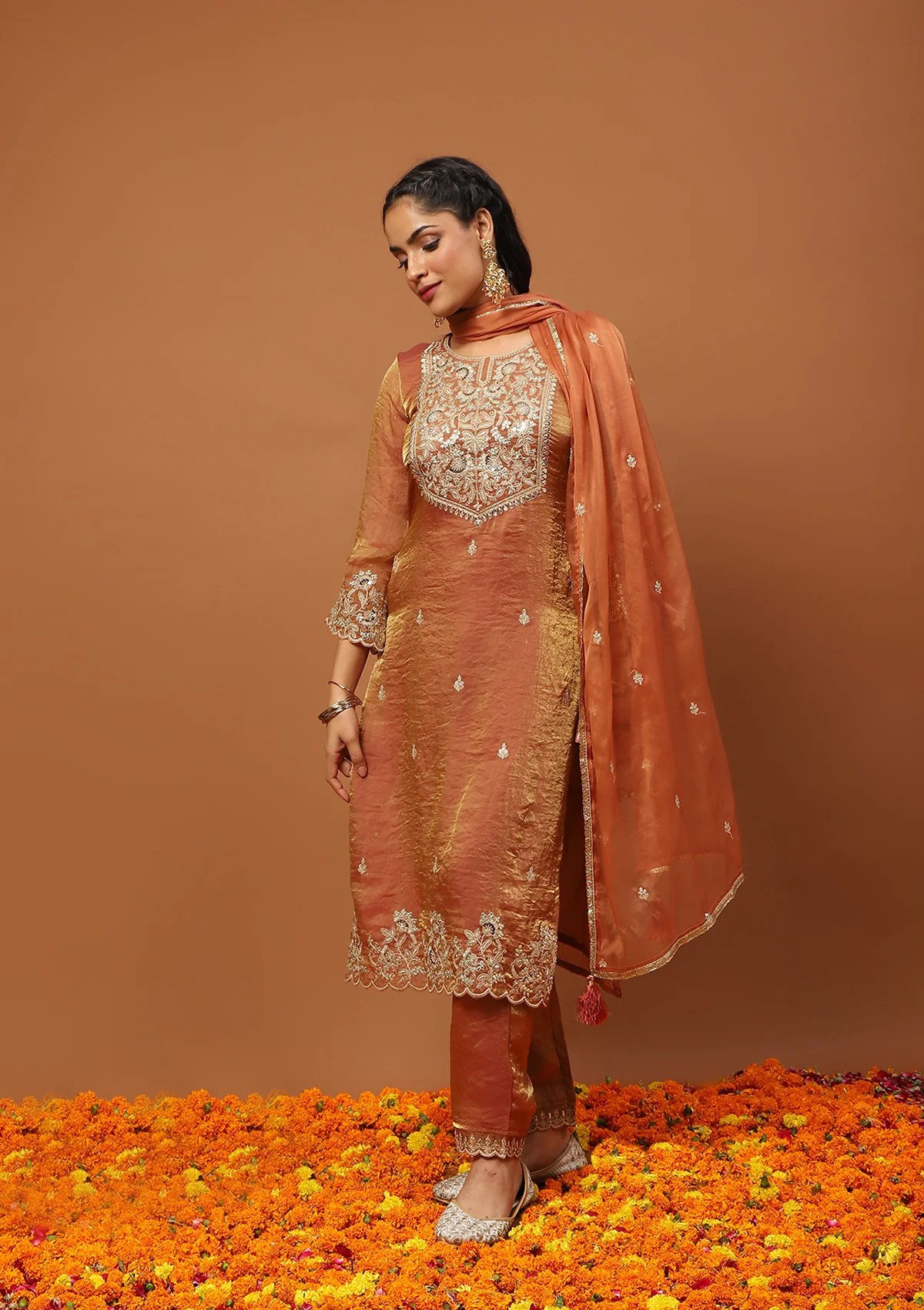 HOC Satin Tissue Silk Zardozi with Sequins Solid Women  s 3 PC Straight Kurta Set - Copper - Healthber