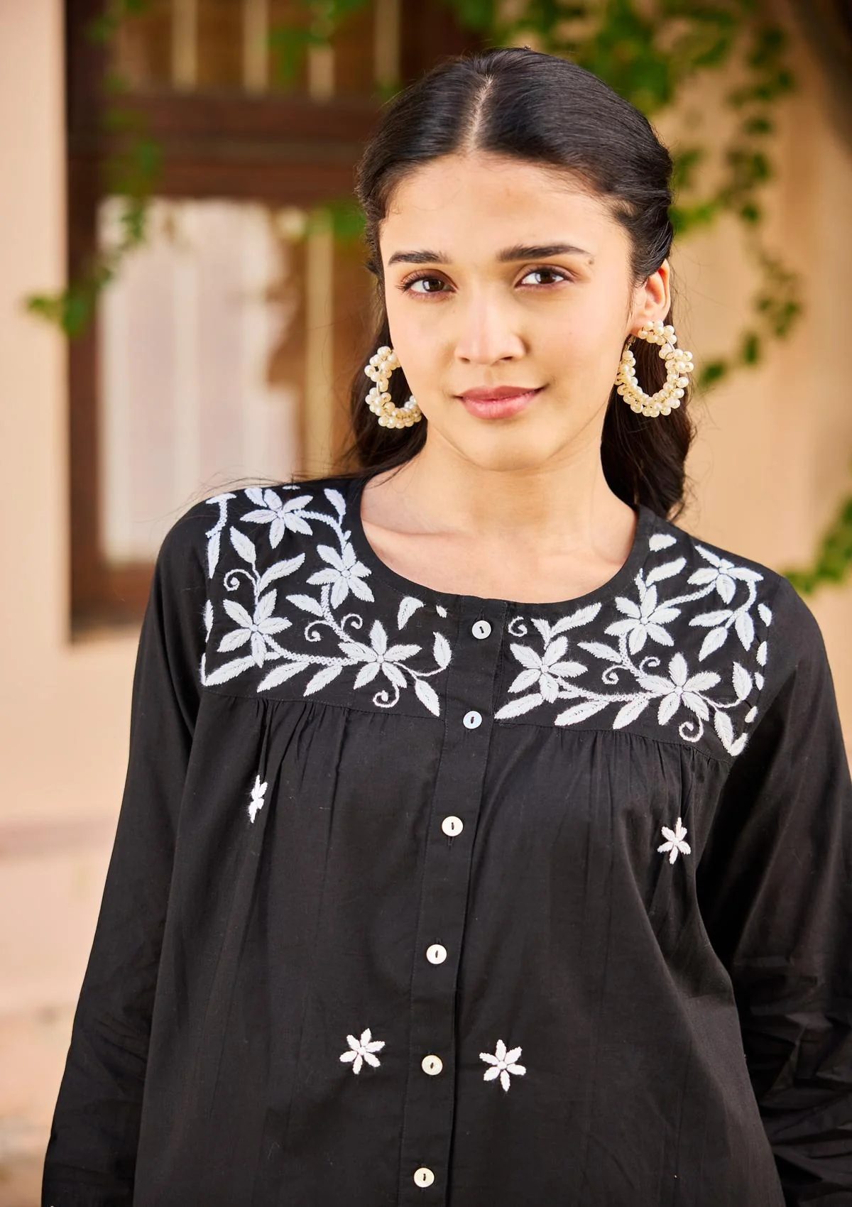 HOC Cotton Chikankari Solid Women's Shirt - Black - Healthber