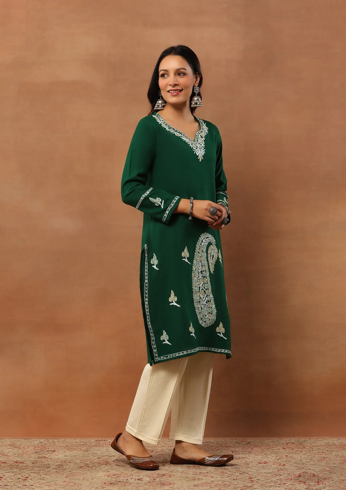 HOC Aari Embroidered Woollen Solid Women's Long Kurta - Green - Healthber