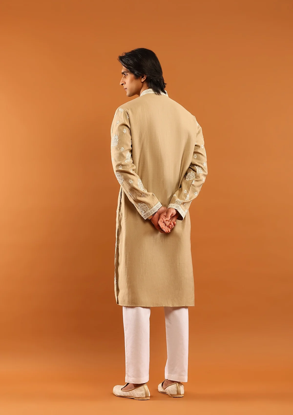 HOC Poly Silk Zari Embroidered Solid Men's Long Kurta- Beige - Healthber