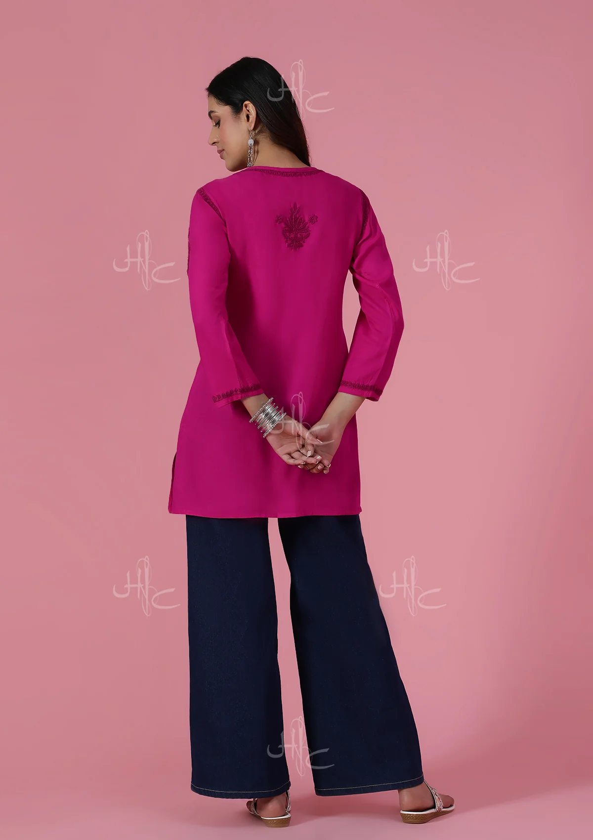 HOC Rayon Chikankari Solid Women's Short Kurta - Pink - Healthber