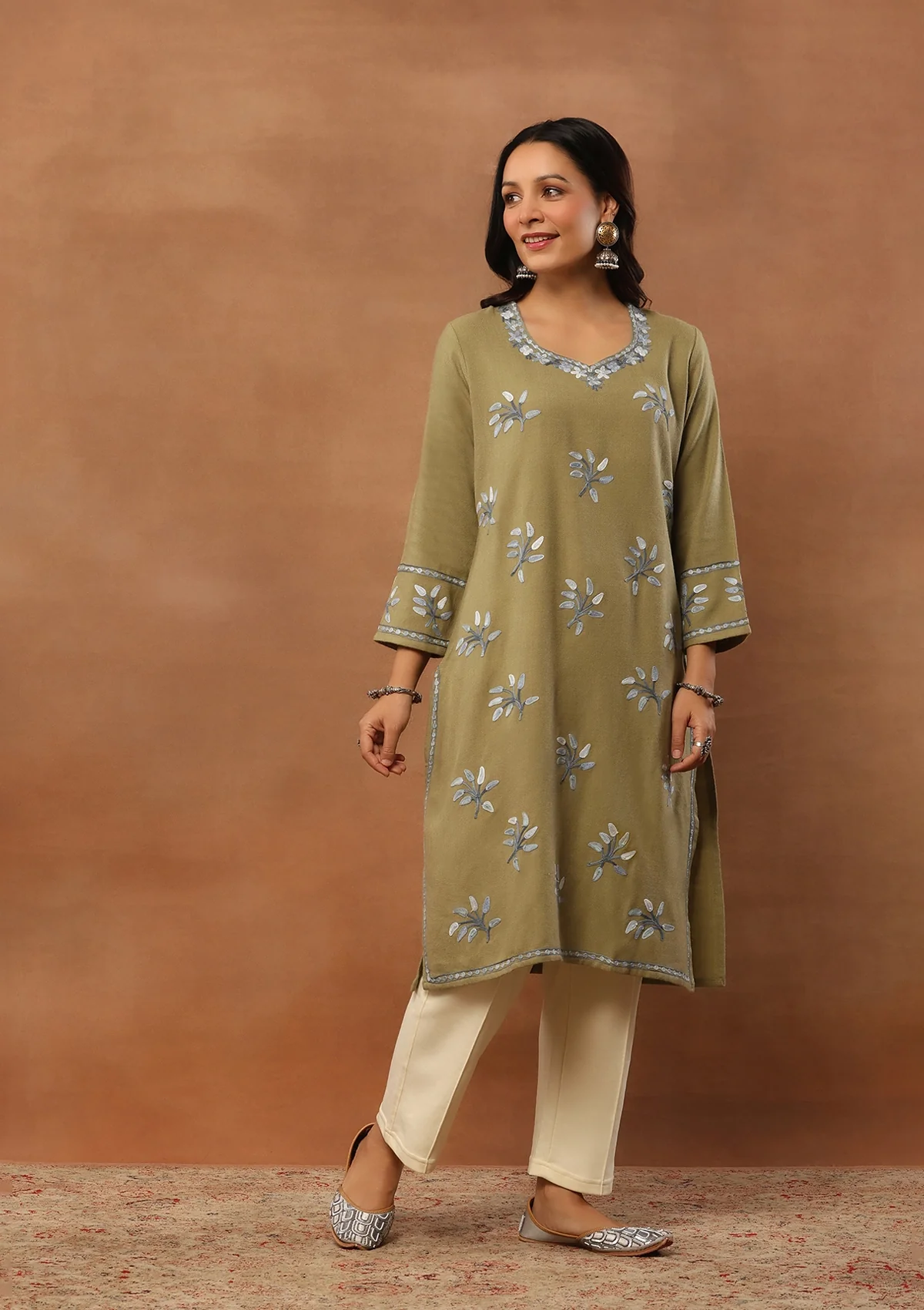HOC Aari Embroidered Woollen Solid Women's Long Kurta - Olive - Healthber