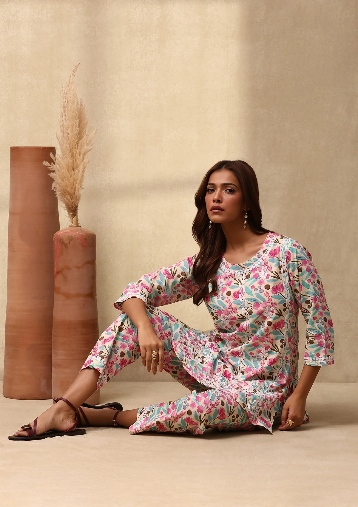 HOC Cotton Chikankari Printed Women's 2 PC Co-ord Set - Cream - Healthber