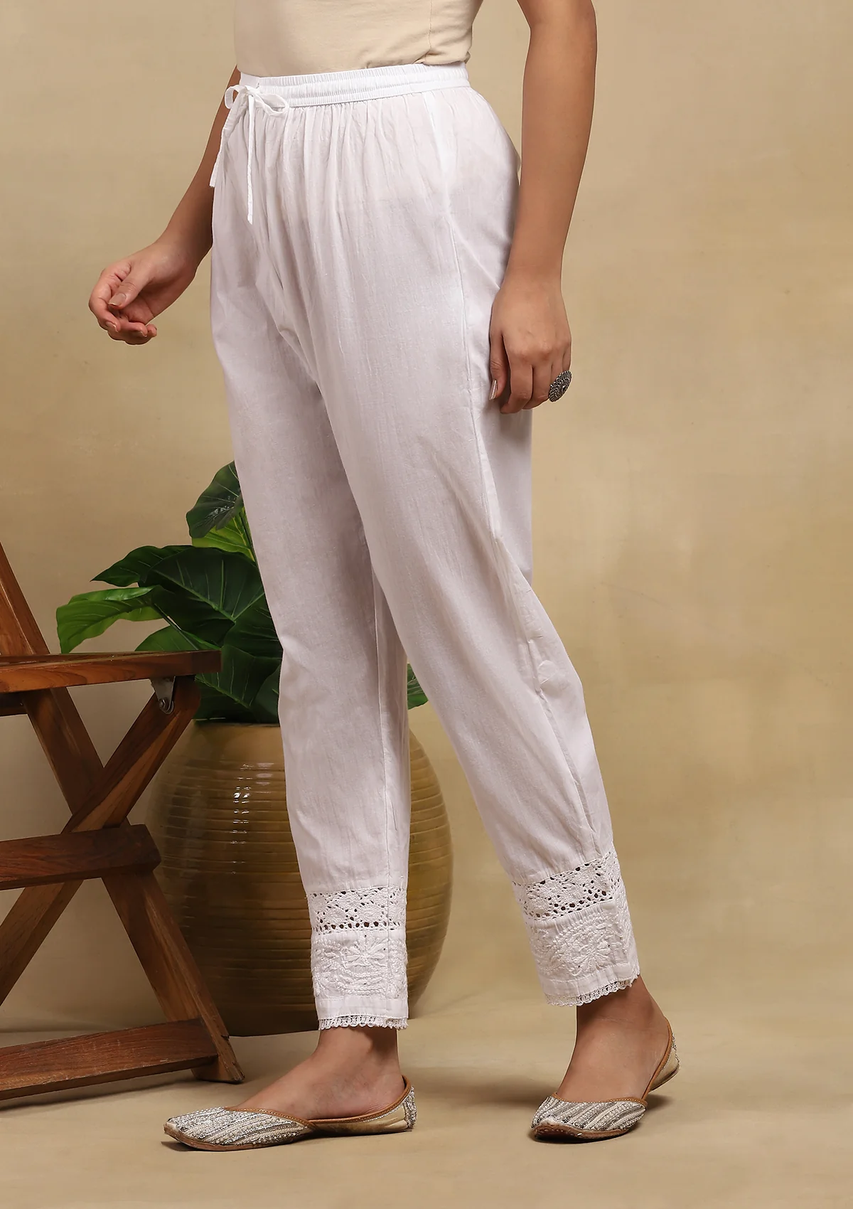 HOC Cotton Chikankari Mukaish Solid Women's Pants With Lace - White - Healthber