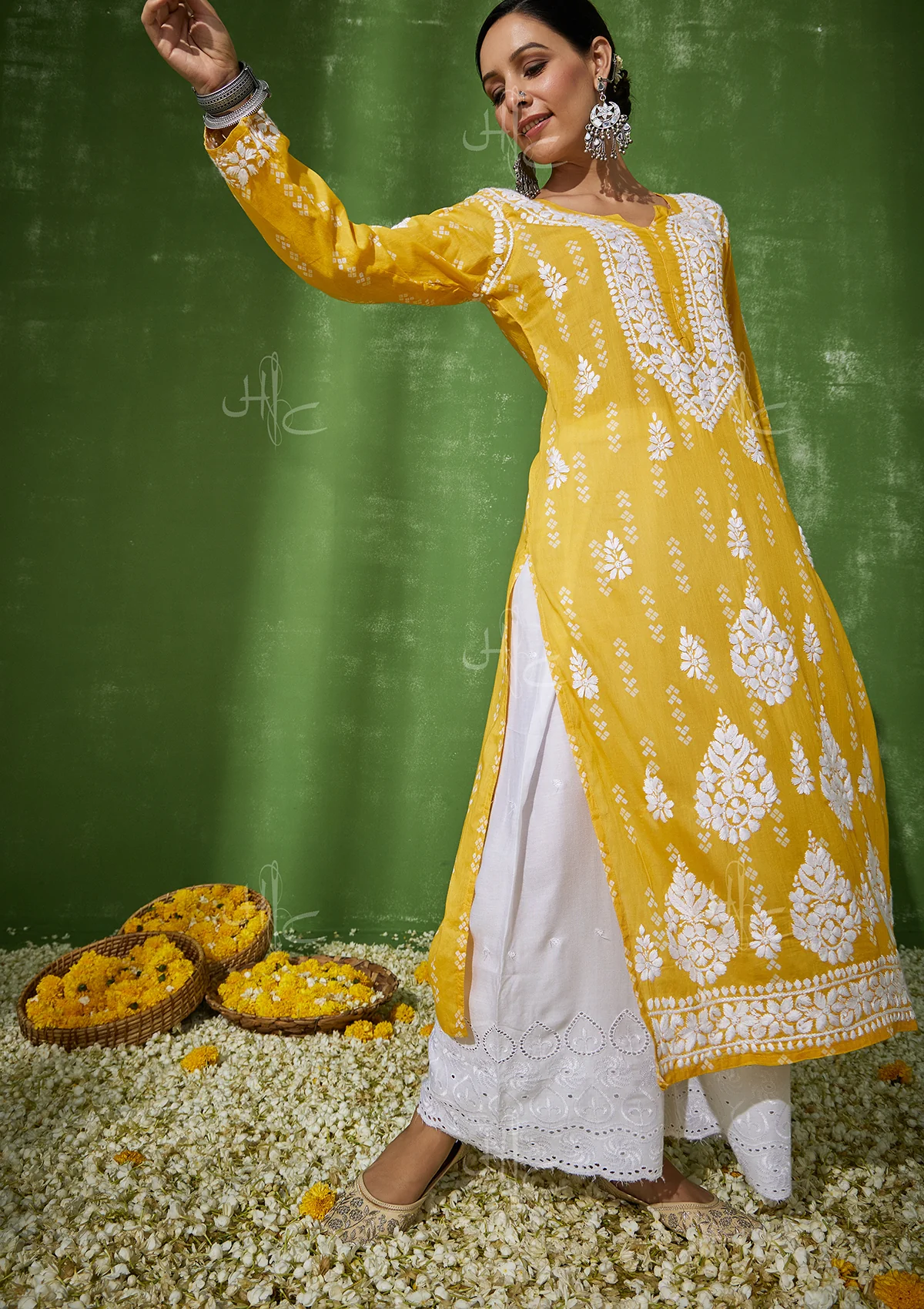 HOC Mira Chikankari Cotton Straight Kurta - Yellow - Healthber