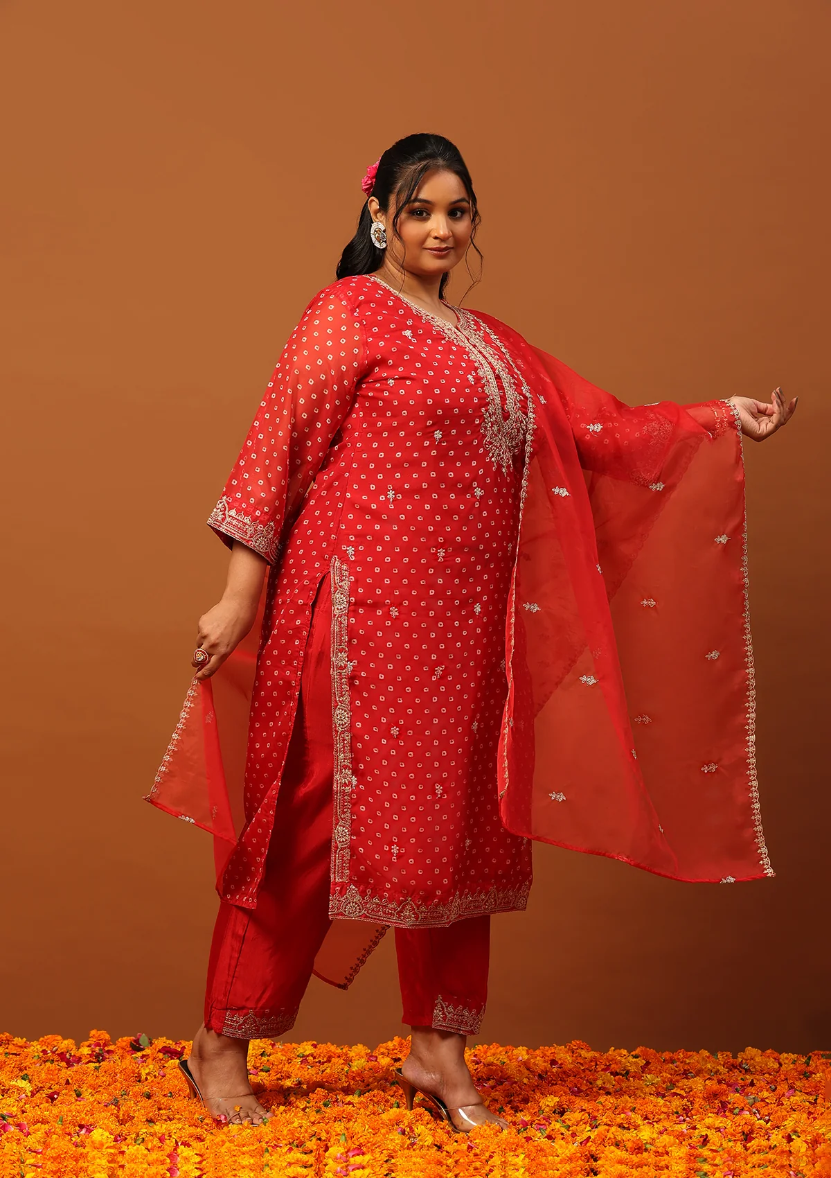 HOC Organza Zari Embroidered With Sequins Bandhani Printed Women's Straight Kurta Set-Red - Healthber