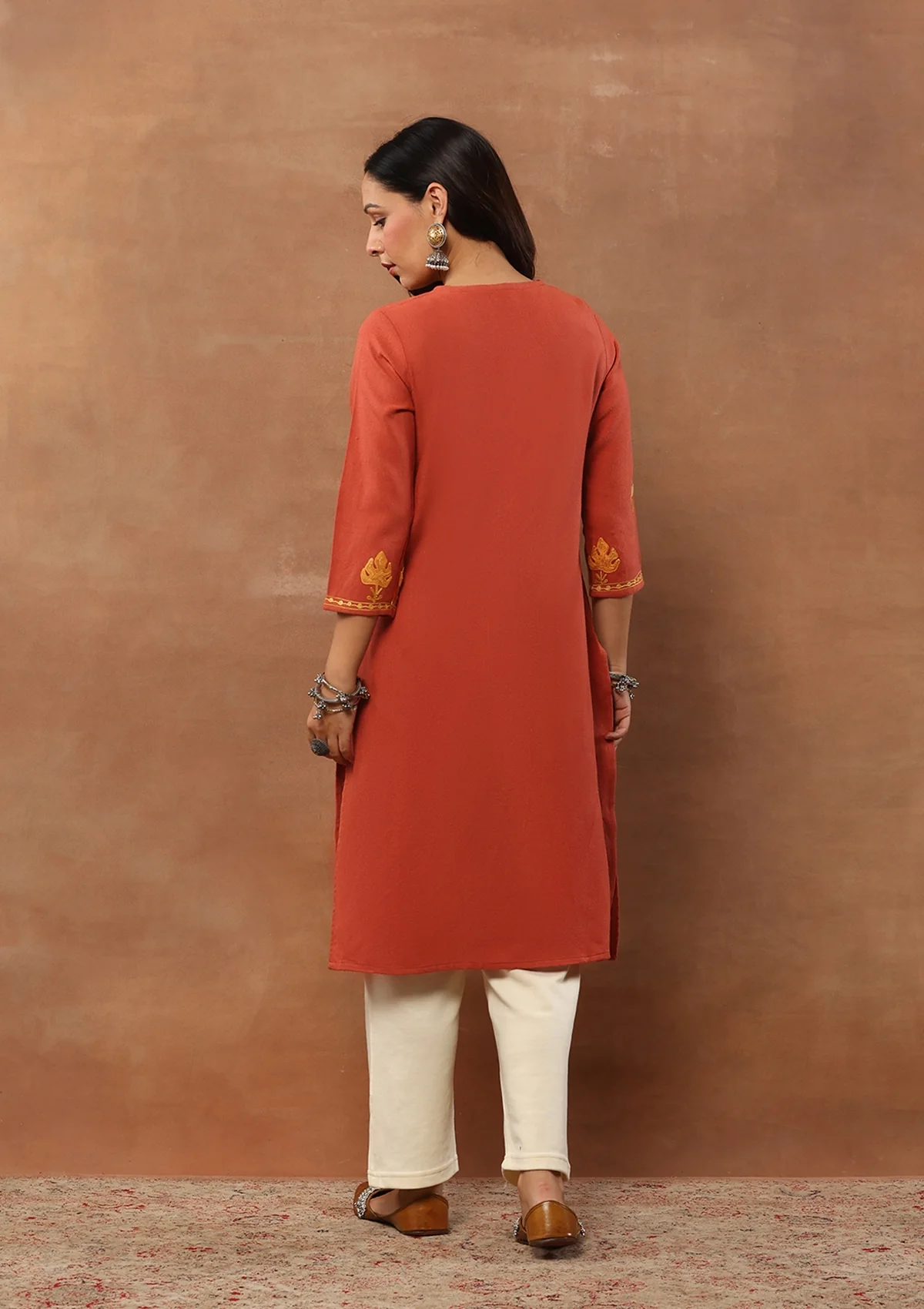 HOC Aari Embroidered Woollen Solid Women's Long Kurta - Coral - Healthber