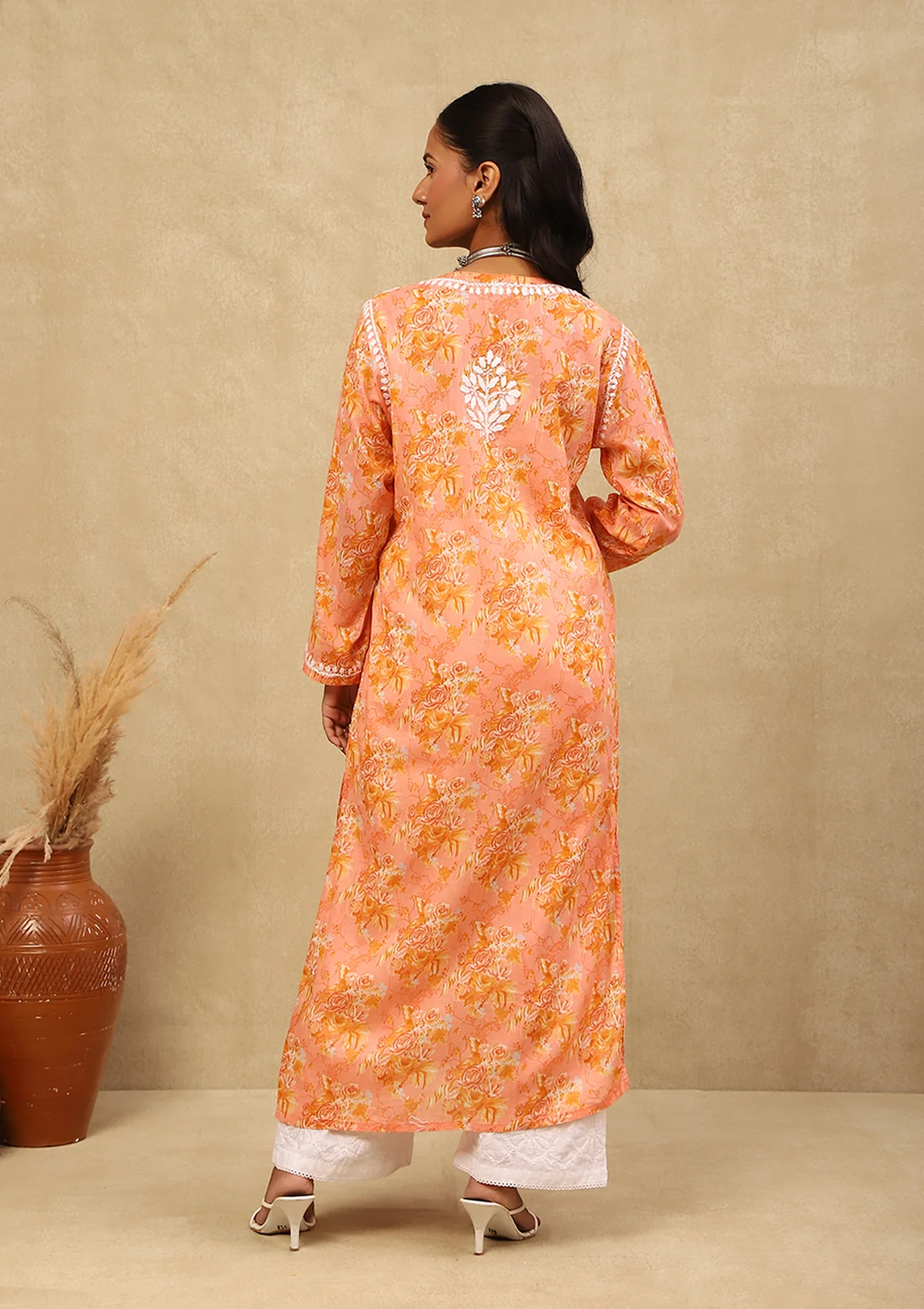 HOC Mulmul Chikankari Printed Women's Long Kurta -Orange - Healthber