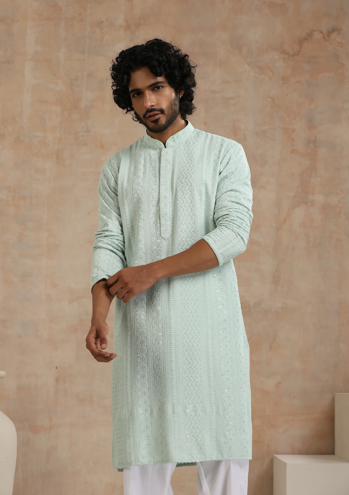 HOC Rayon Schiffli Solid Men's Long Kurta- Green - Healthber