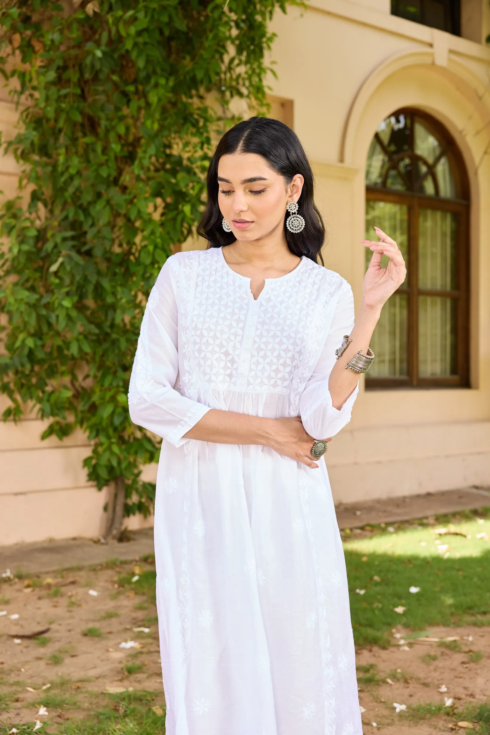 HOC Chanderi Chikankari Solid Women's Long Kurta - White - Healthber