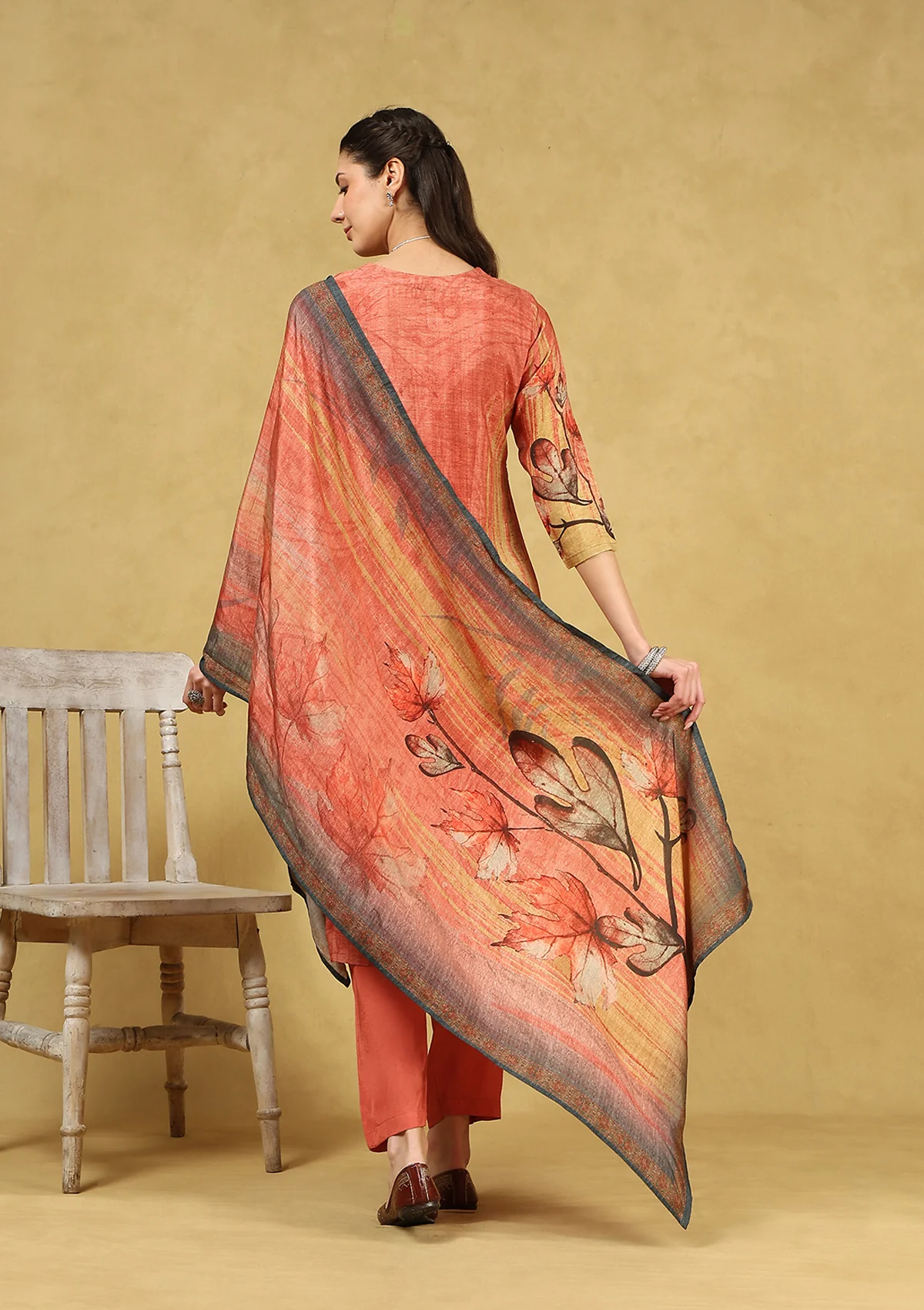 HOC Hand Embellished Muslin Printed Women's 3 PC Long Kurta Set with Dupatta - Rust - Healthber