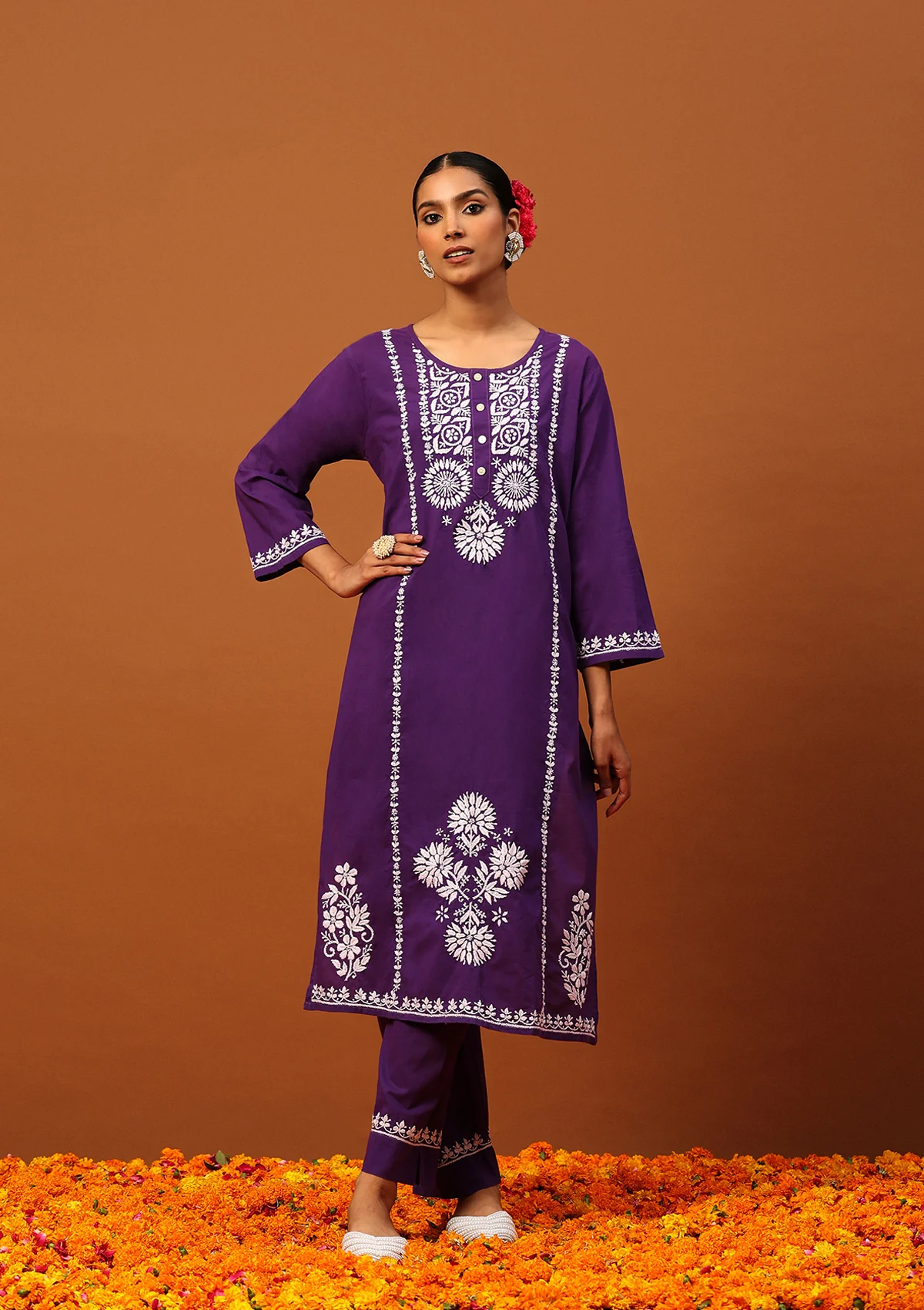 HOC Cotton Chikankari Solid Women's 2 PC Long Kurta Set-Purple - Healthber