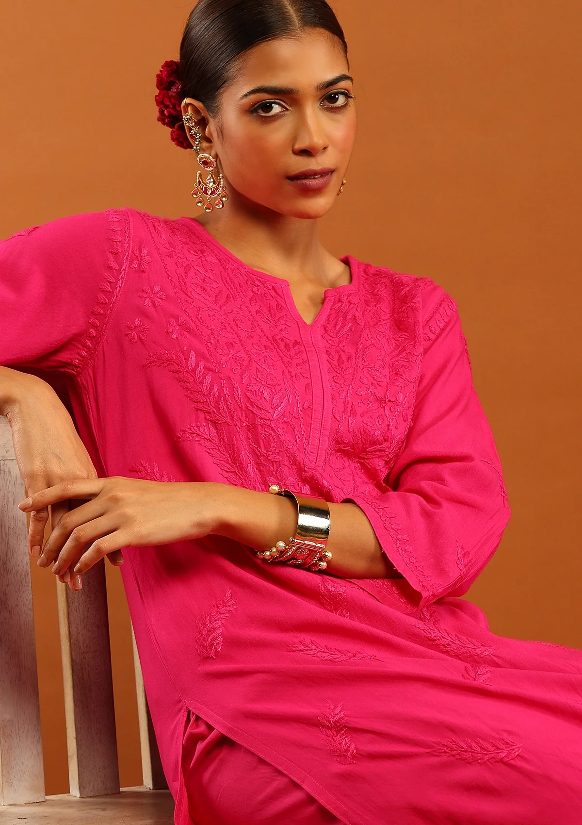 HOC Rayon Chikankari Solid Women's Long Kurta-Dark Pink - Healthber