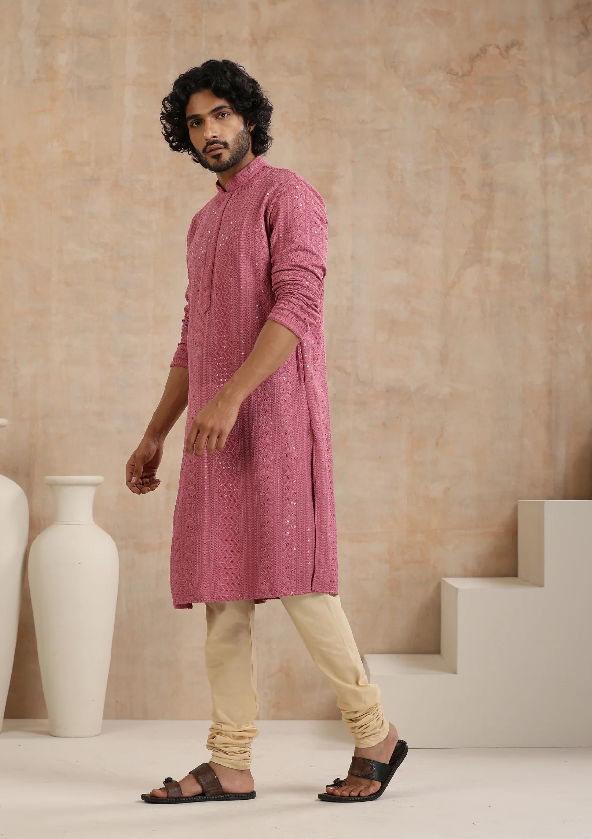 HOC Rayon Schiffli Solid Men's Long Kurta- Muave - Healthber
