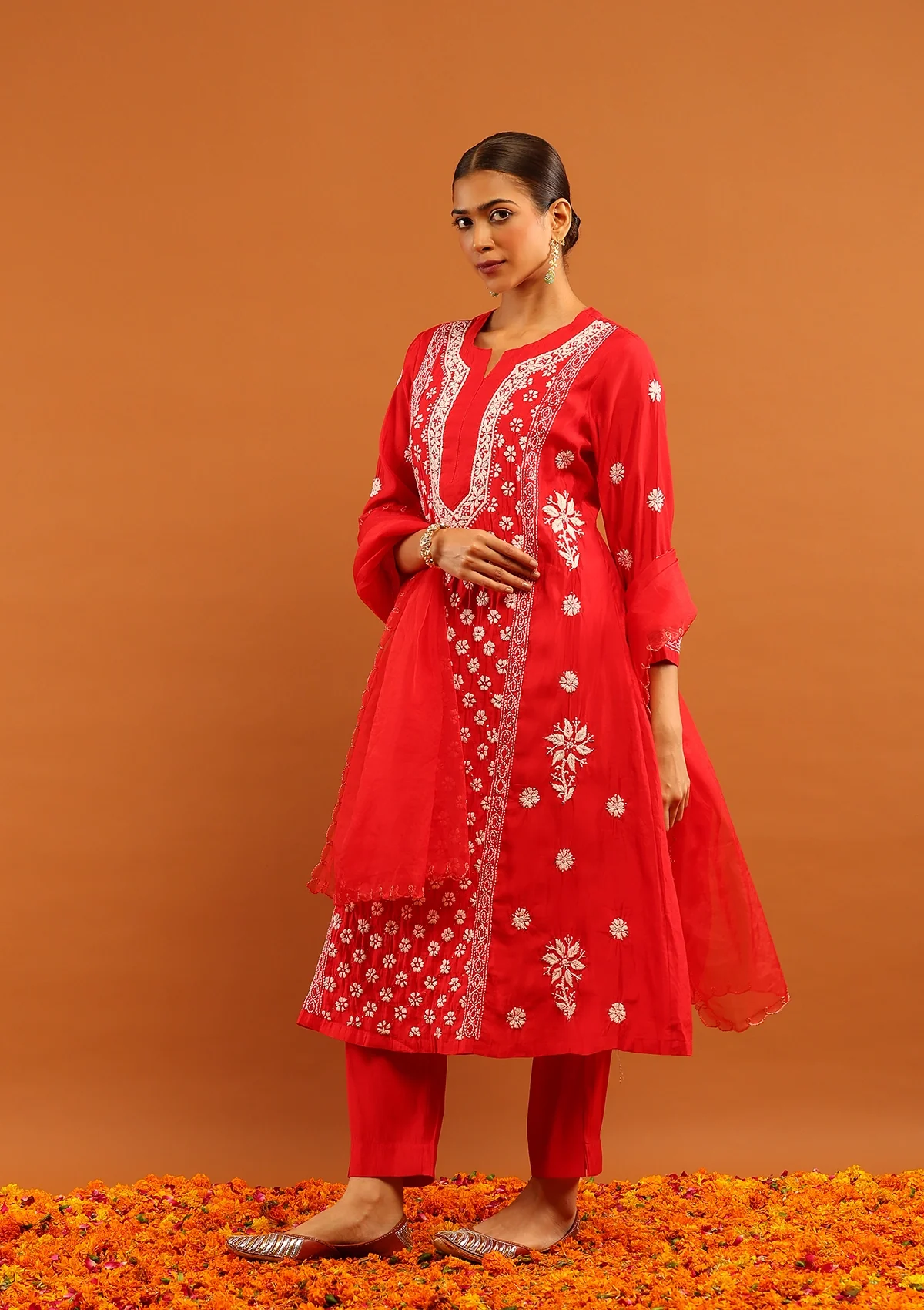 HOC Chanderi Chikankari Solid Women's 3 PC Long Kurta Set-Red - Healthber