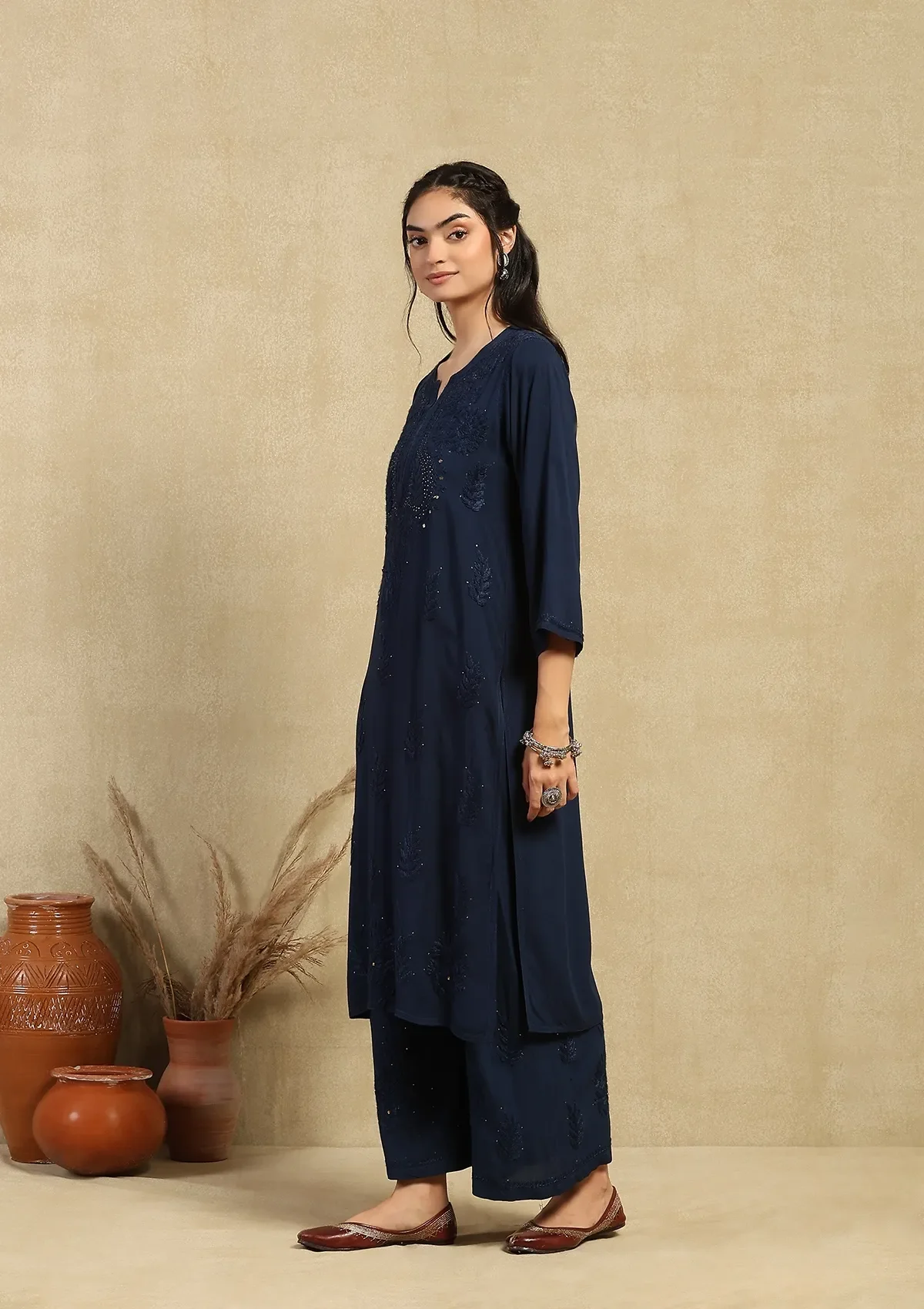 HOC Rayon Chikankari Mukaish Solid Women's 2PC Long Kurta Set -Navy Blue - Healthber