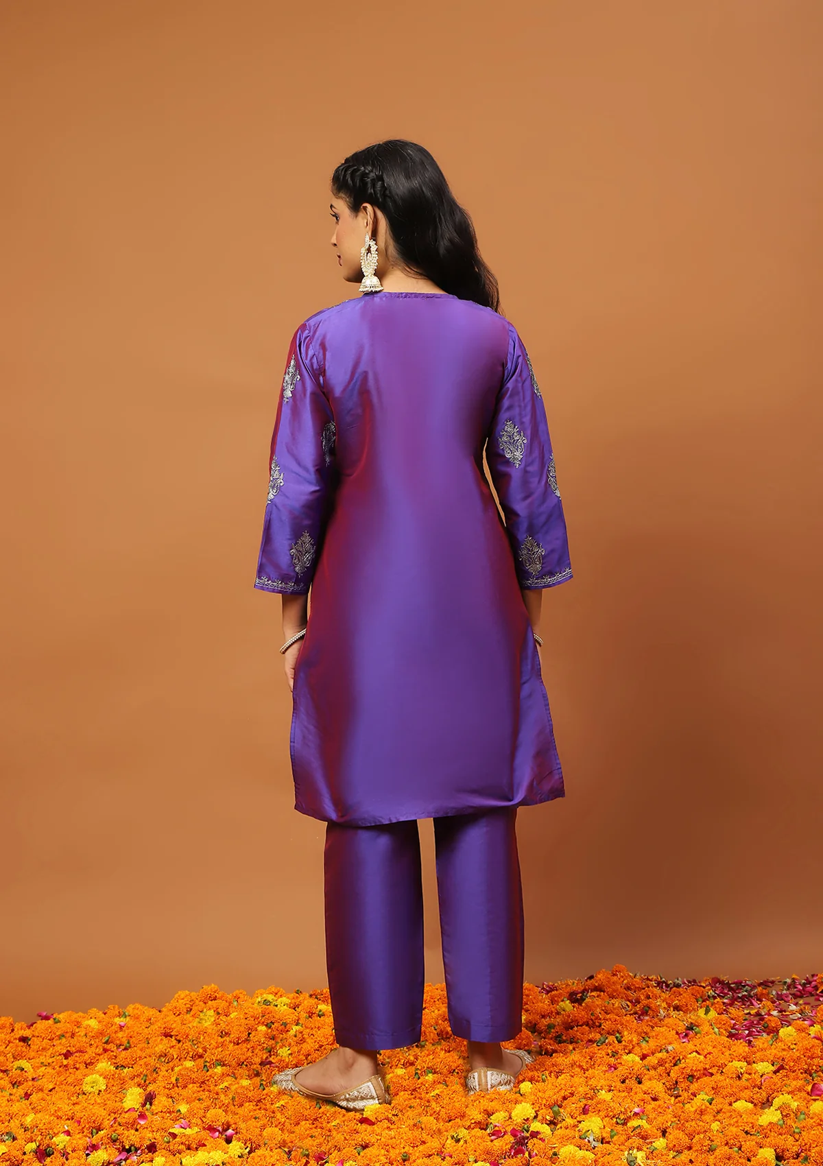 HOC Art Silk Embroidered Zari Solid Women's 2 PC Knee Length Kurta Set - Purple - Healthber