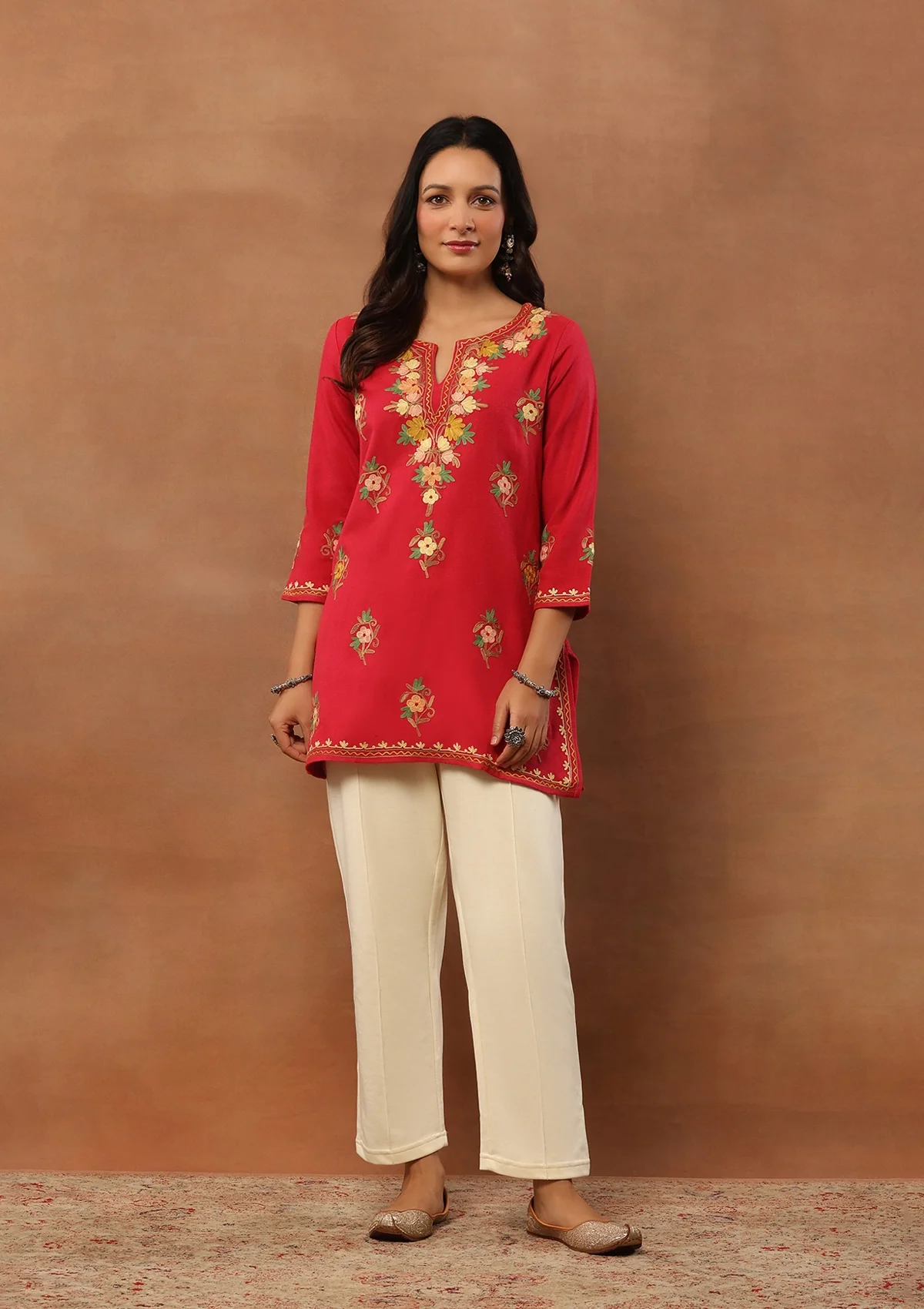 HOC Aari Embroidered Woollen Solid Women's Short Kurta - Pink - Healthber