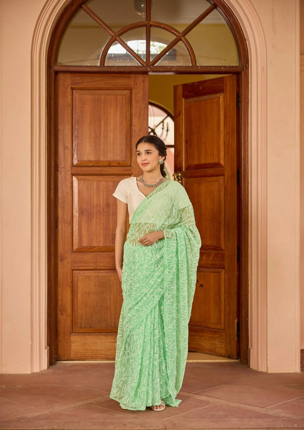 HOC Georgette Handwork Chikankari Tepchi Jaal Work Solid Women's Saree - Green - Healthber