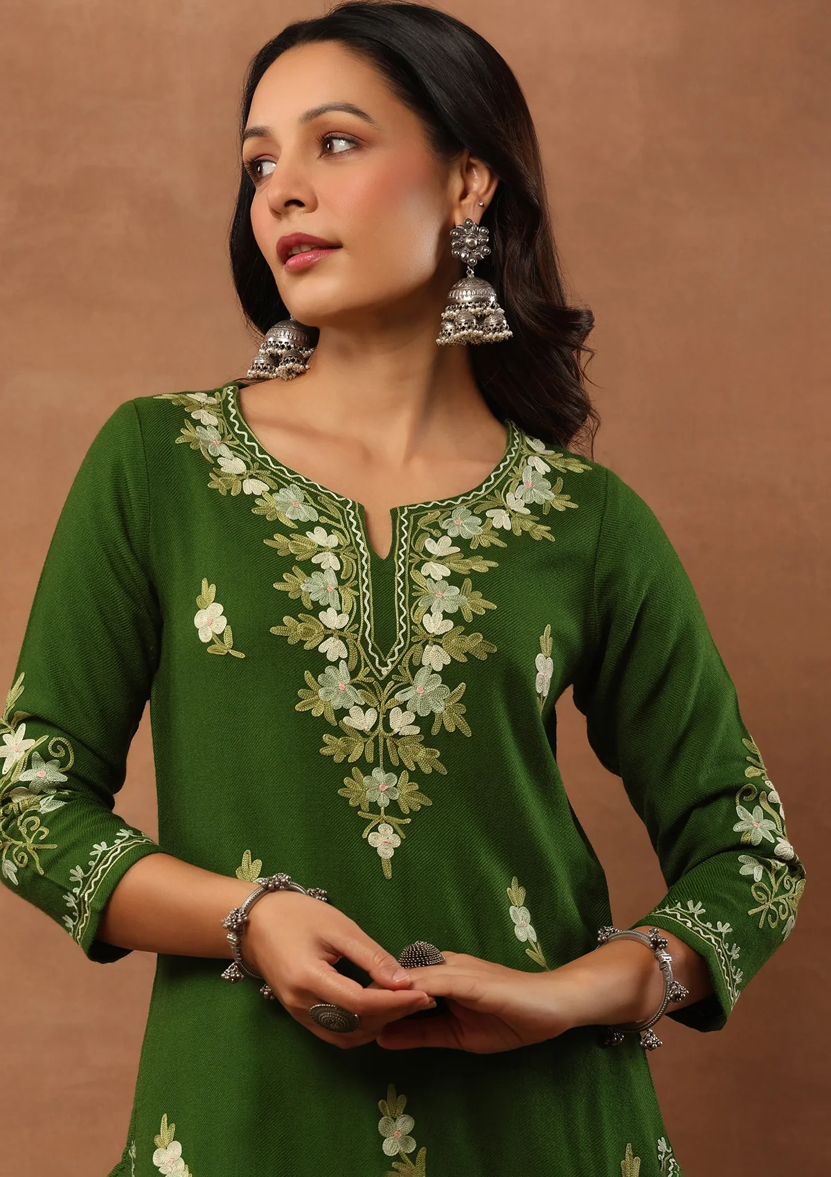 HOC Aari Embroidered Woollen Solid Women's Long Kurta -Green - Healthber