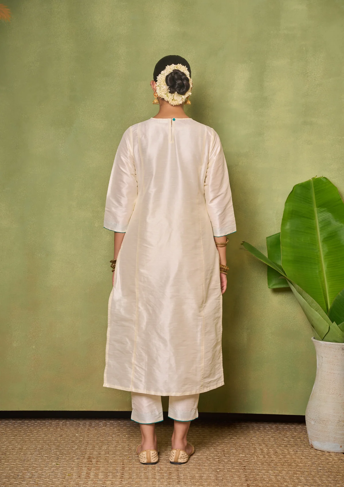 HOC Silk Blend Solid Women's 3 PC Long Kurta Set - Cream - Healthber