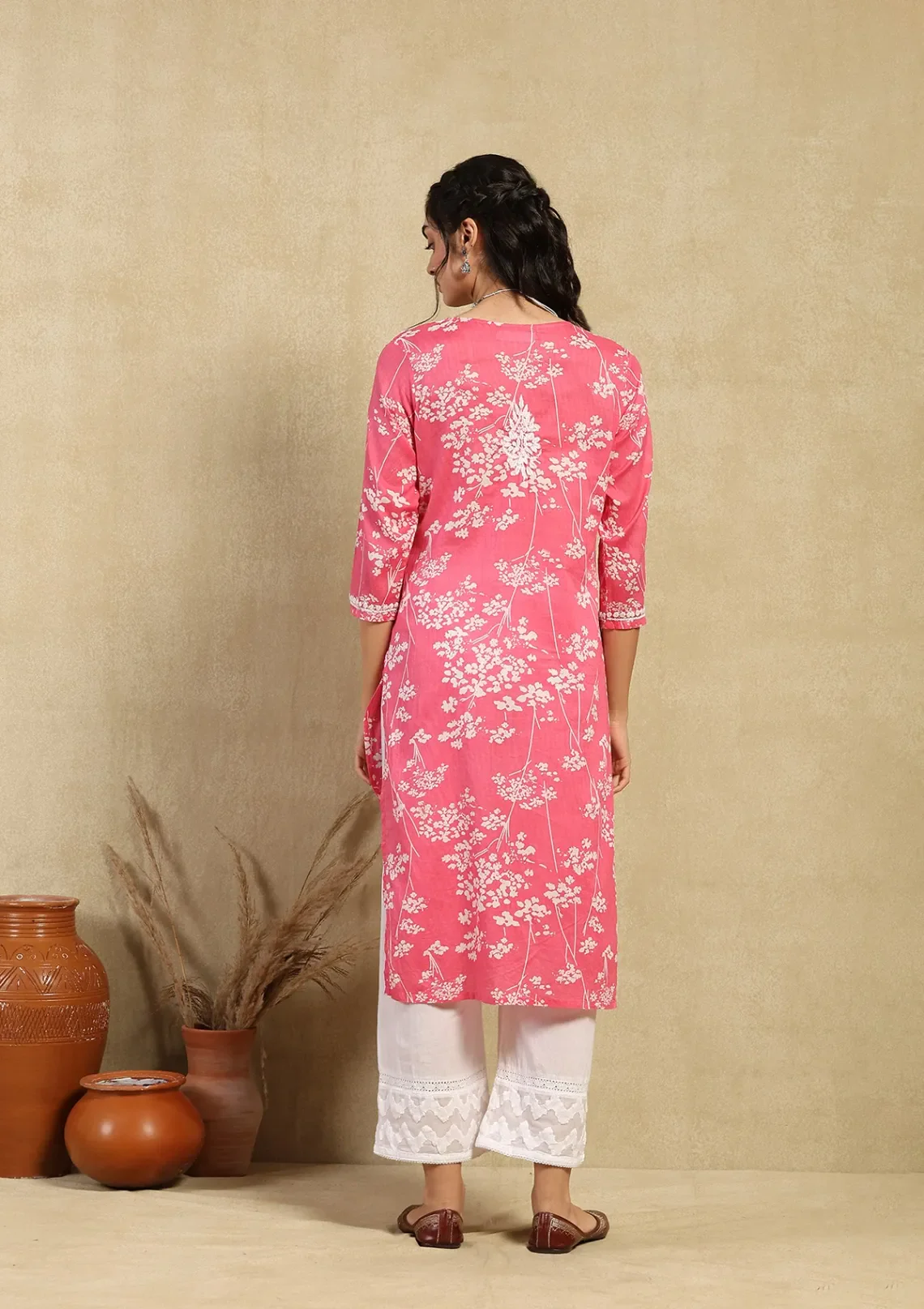 HOC Zainab Chikankari Mulmul Printed Straight Kurta -Pink - Healthber