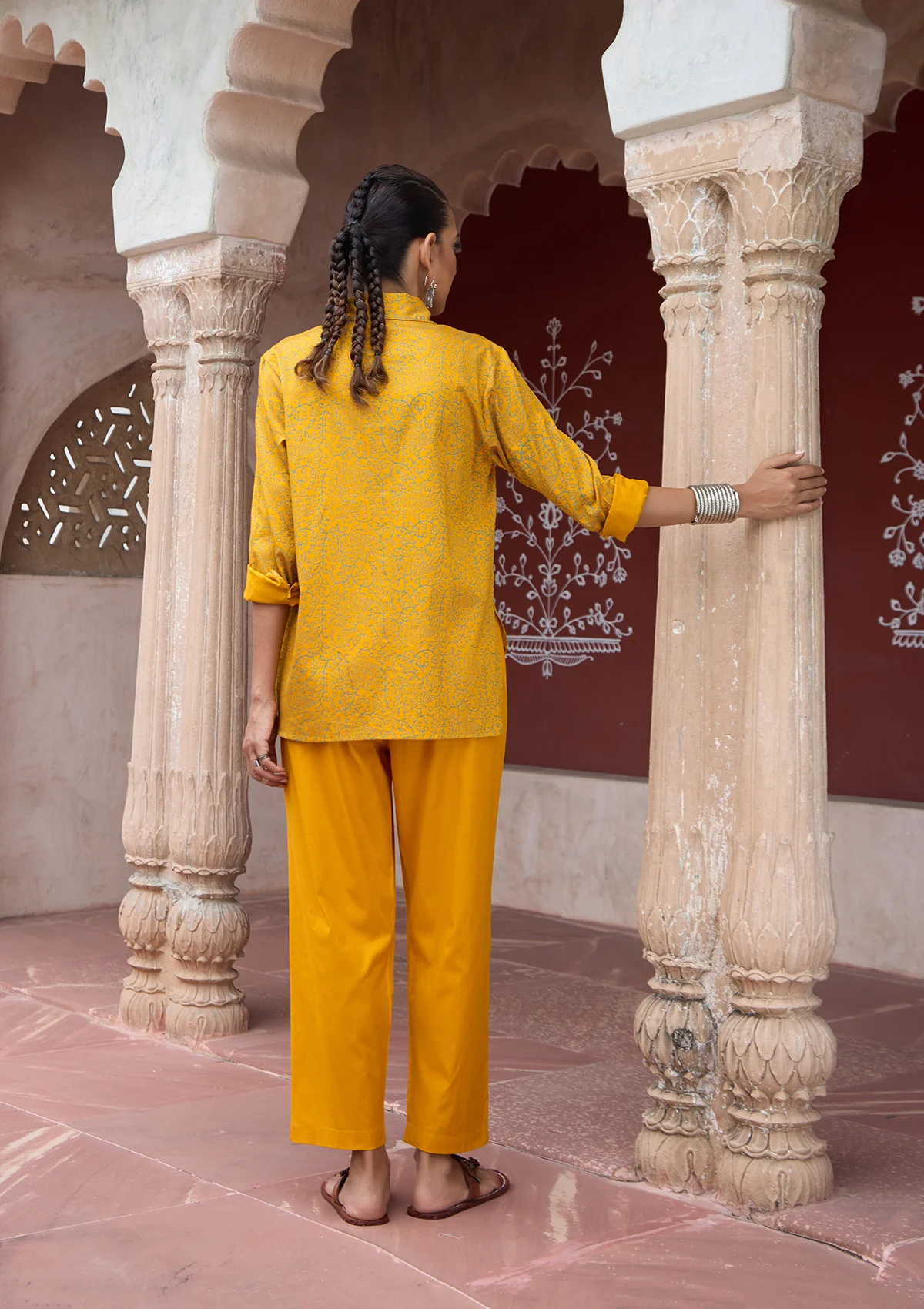 HOC Glazed Cotton Hand Block Printed with Hand Embroidery Women's 2 PC Co-ord Set - Mustard - Healthber