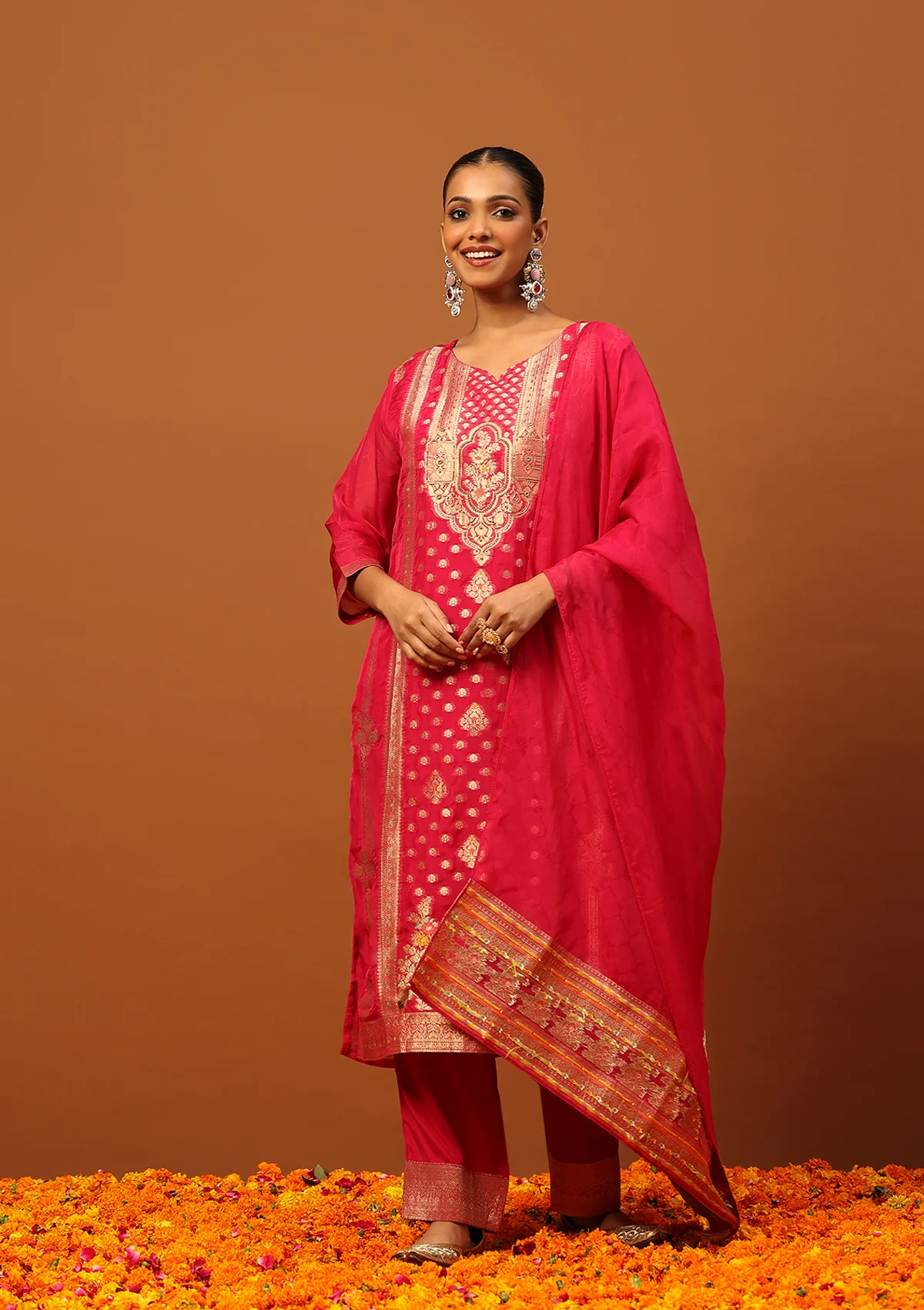 HOC Jacquard Organza Hand Embellished Women's 3 PC Straight Kurta Set - Magenta - Healthber