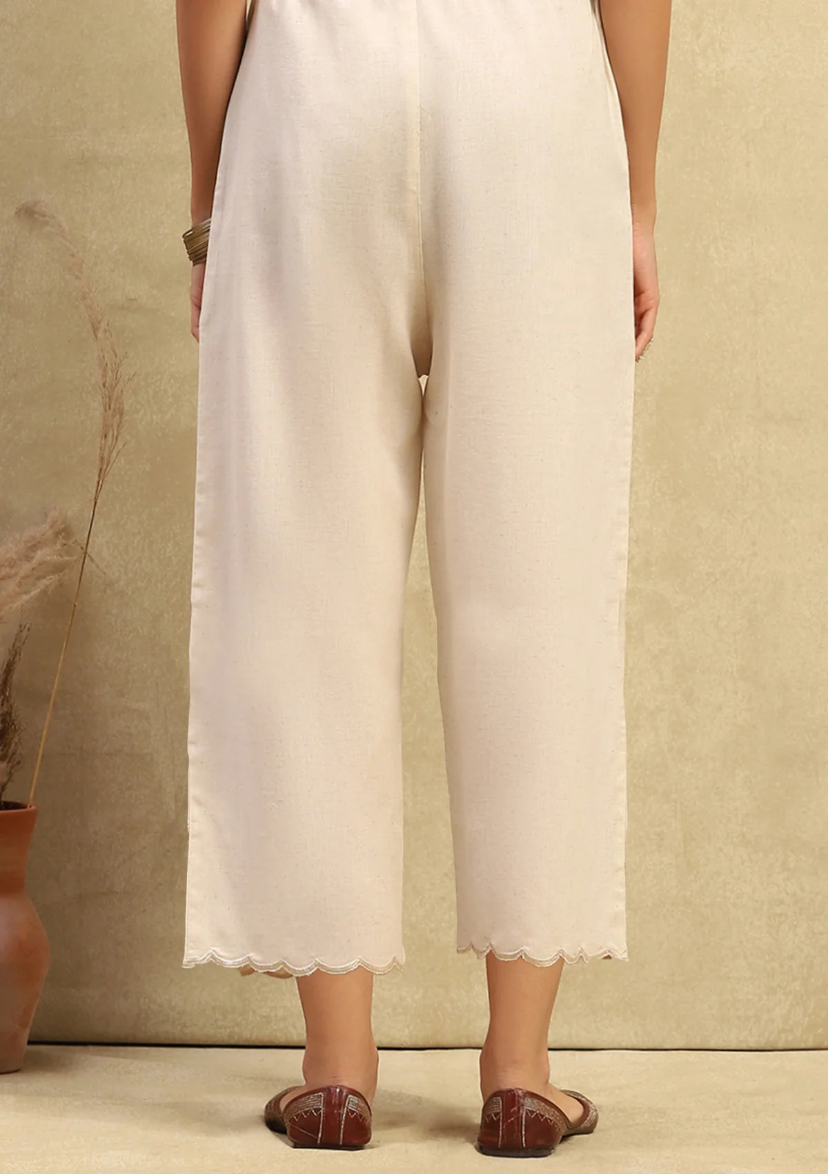 HOC Cotton Linen Blend Women's Solid Scalloped Culottes - Beige - Healthber