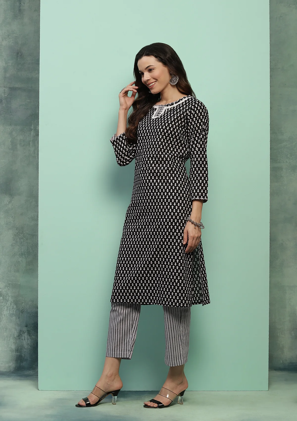 HOC Cotton Printed Women's 2 PC Long Kurta Set - Black - Healthber