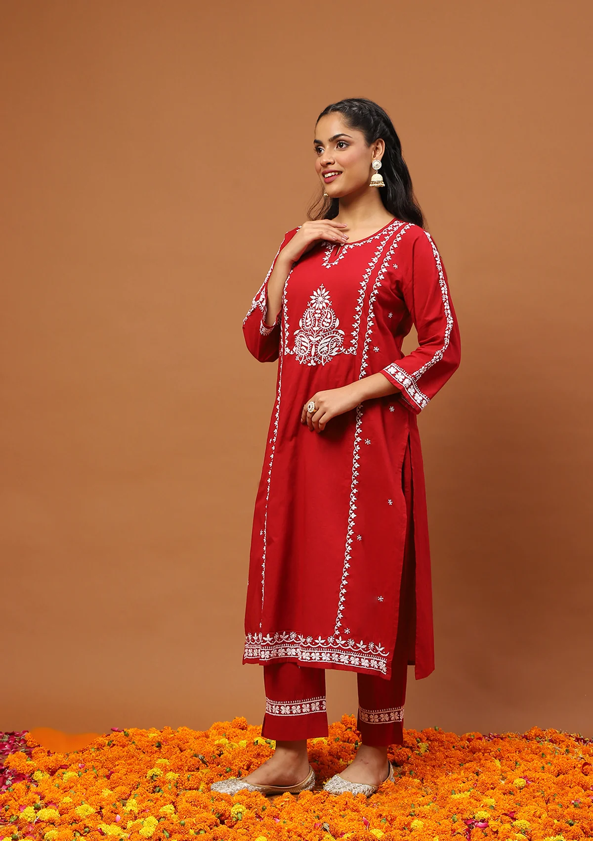 HOC Cotton Chikankari Solid Women's 2 PC Long Kurta Set-Red - Healthber