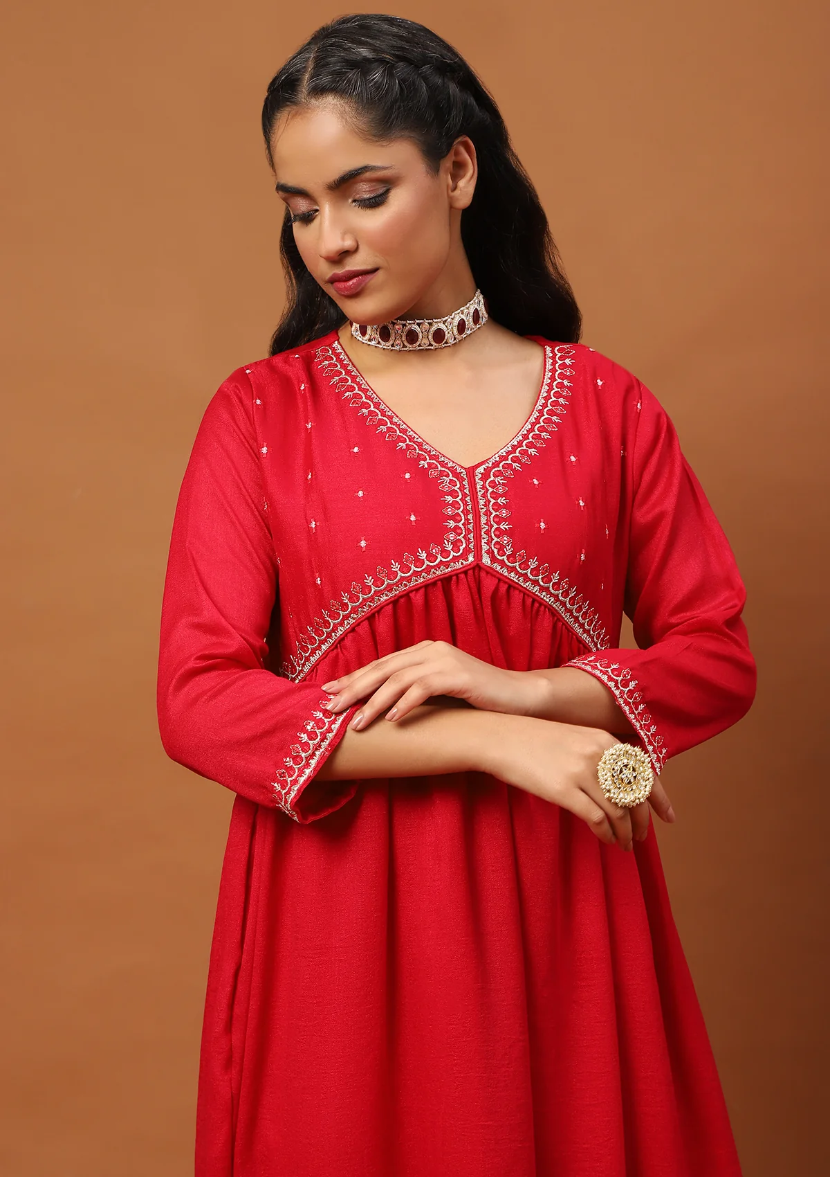 HOC Silk Blend Zari Embroidered Solid Women's 3 PC A-Line Kurta Set-Red - Healthber