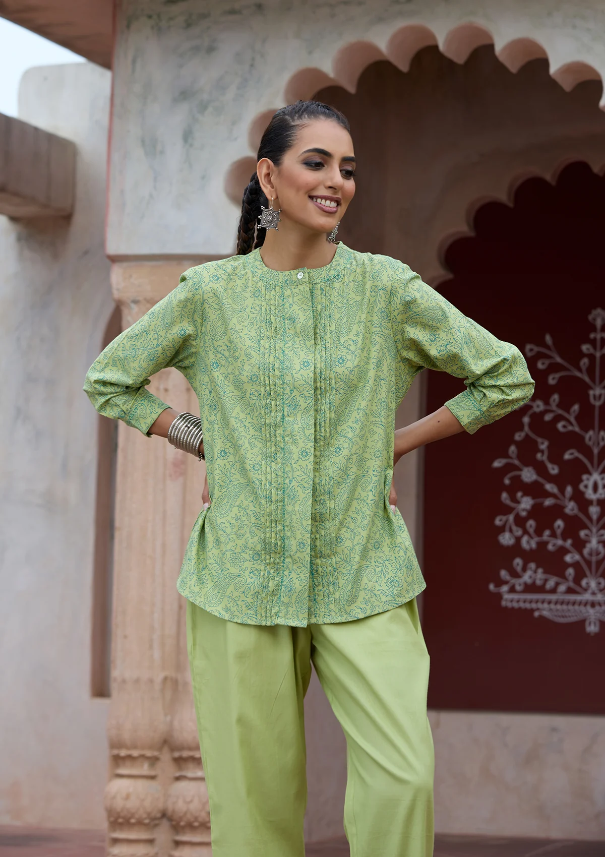 HOC Glazed Cotton Hand Block Printed with Hand Embroidery Women's 2 PC Co-ord Set - Green - Healthber
