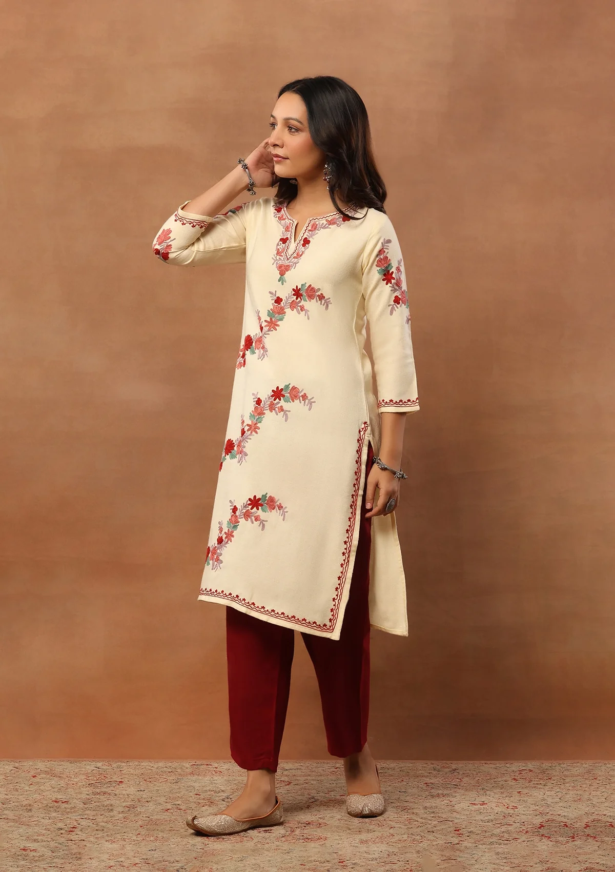 HOC Aari Embroidered Woollen Solid Women's Long Kurta - Cream - Healthber
