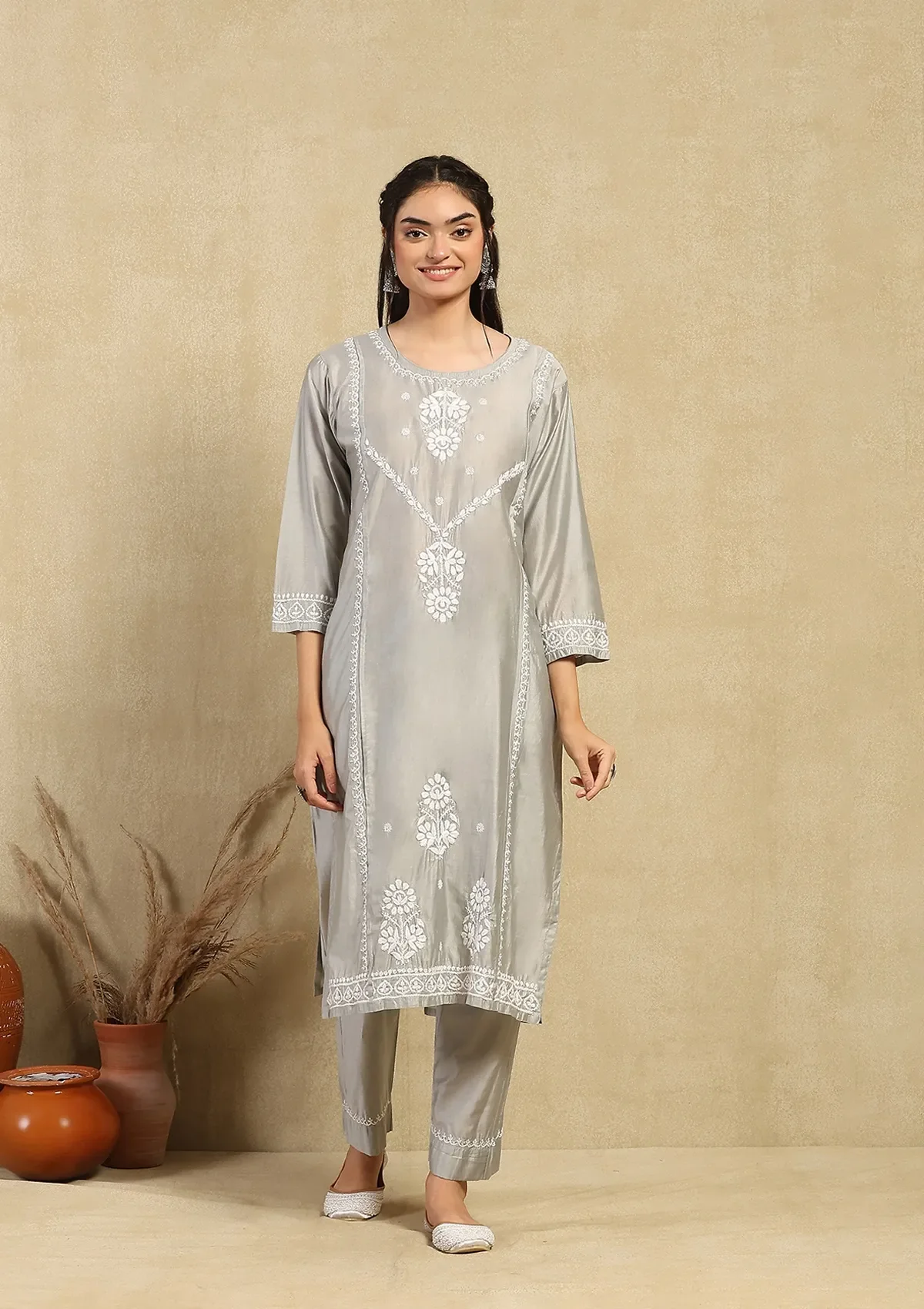 HOC Chanderi Chikankari Solid Women's 2PC Long Kurta Set -Grey - Healthber