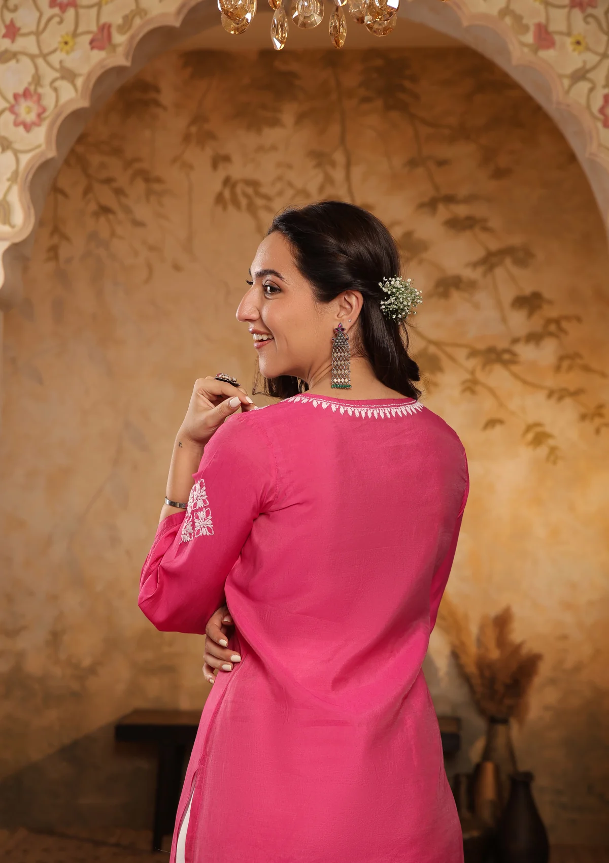 HOC Chanderi Chikankari Solid Women's Long Kurta - Pink - Healthber