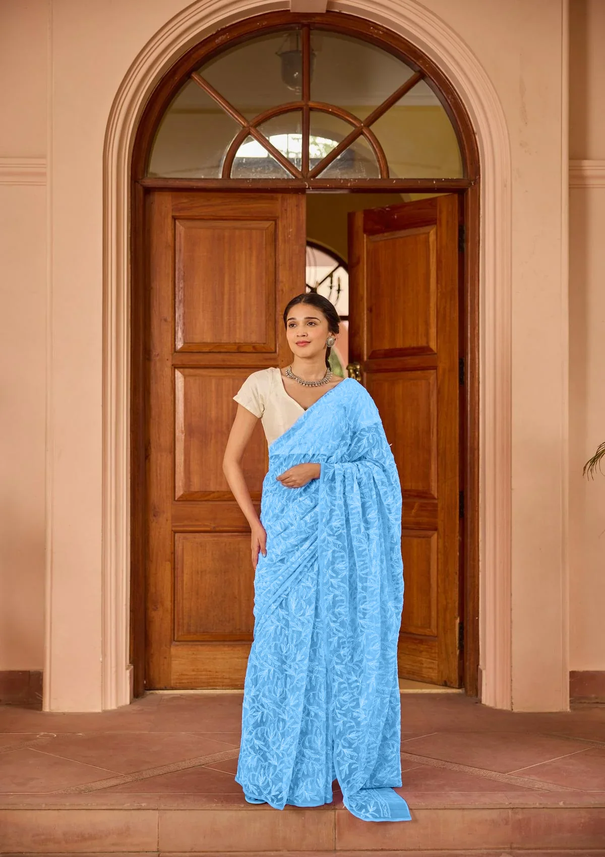 HOC Georgette Handwork Chikankari Tepchi Jaal Work Solid Women's Saree - Light Blue - Healthber