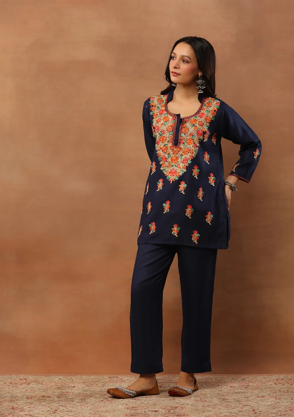 HOC Woollen Aari Embroidered Solid Women's 2 PC Short Kurta Set - Blue - Healthber