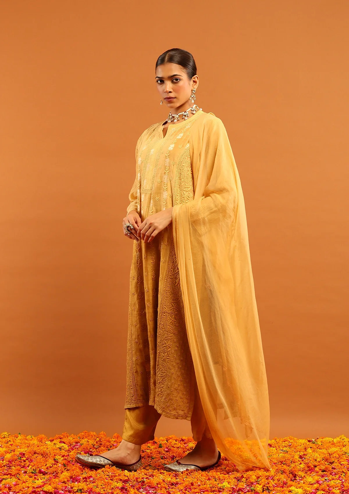HOC Banarasi Mul Chanderi Chikankari Solid Women's 4 PC Straight Kurta Set - Yellow - Healthber