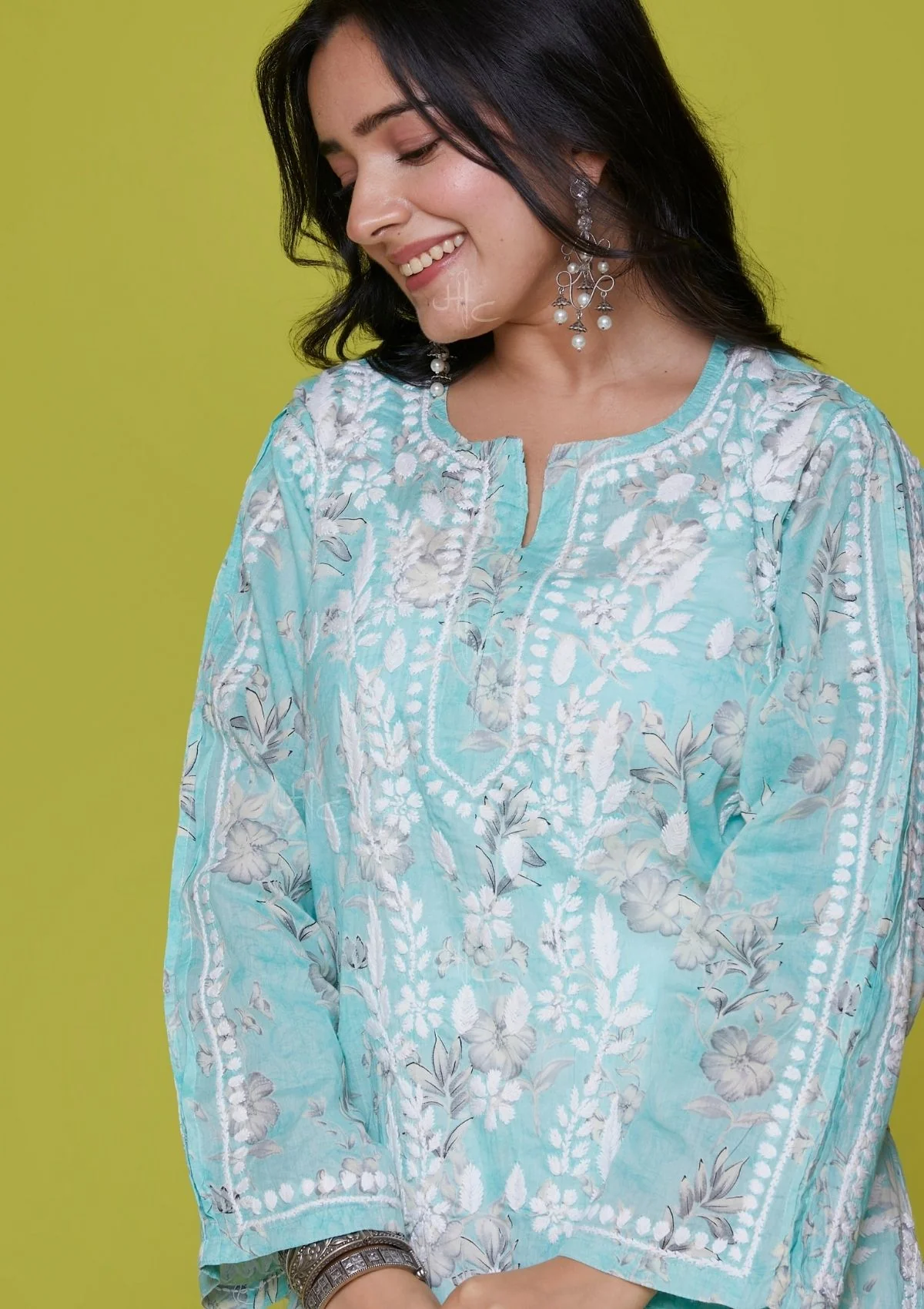 HOC Mulmul Chikankari Printed Women's Long Kurta - Blue - Healthber