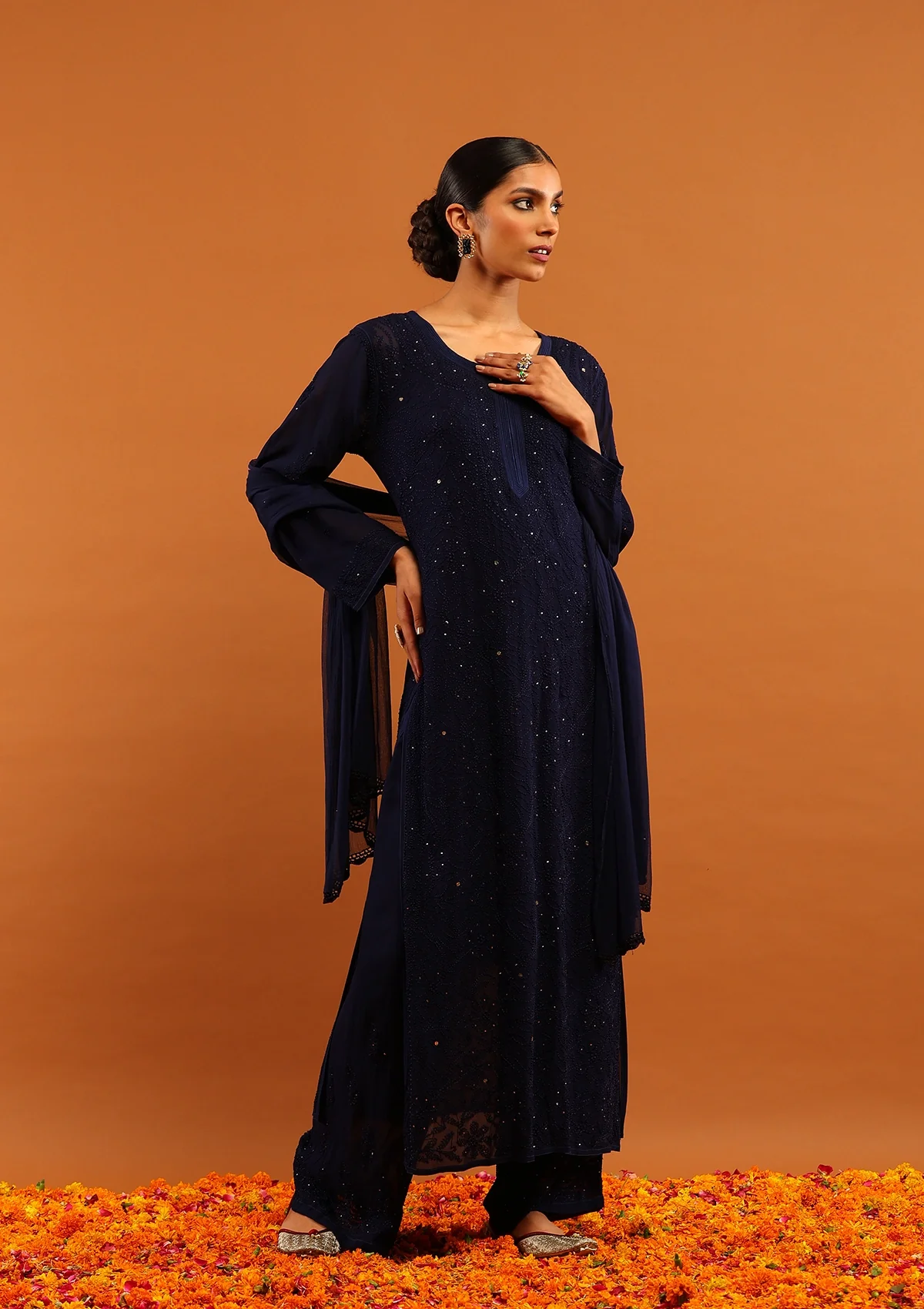 HOC Viscose Georgette Chikankari Mukaish & Kamdani Solid Women's 4 PC Long Kurta Set-Navy Blue - Healthber