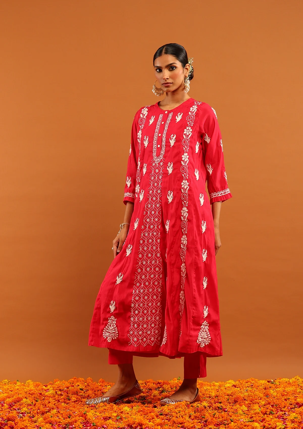 HOC Chanderi Chikankari Solid Women's 3 PC Anarkali Kurta Set-Pink - Healthber