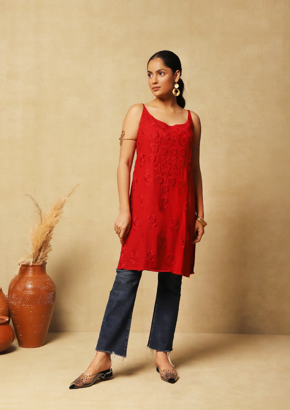HOC Rayon Chikankari Solid Women's Short Kurta  C Red - Healthber